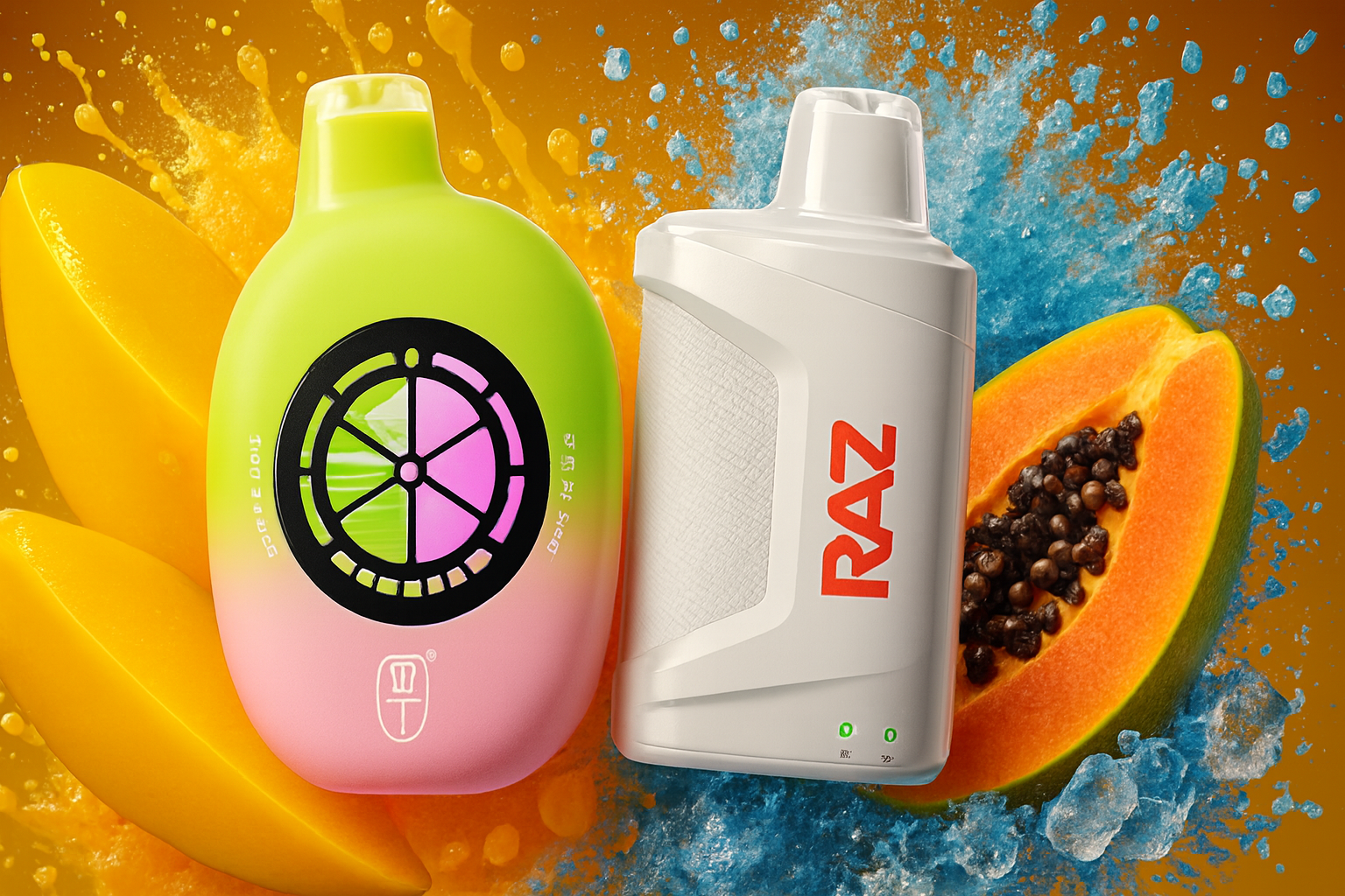 The photo showcases two vibrant vape devices set against a tropical, energetic backdrop of splashing liquid, mango slices, and a halved papaya. On the left, a rounded gradient-colored vape in green and pink features a circular citrus-inspired design with subtle white text and a logo at the bottom. On the right, a sleek white device boldly displays the brand name “RAZ” in red, accented by two green indicator lights near its base. The composition emphasizes freshness and exotic flavor, blending dynamic motion with bright fruit imagery to create a lively, refreshing atmosphere.