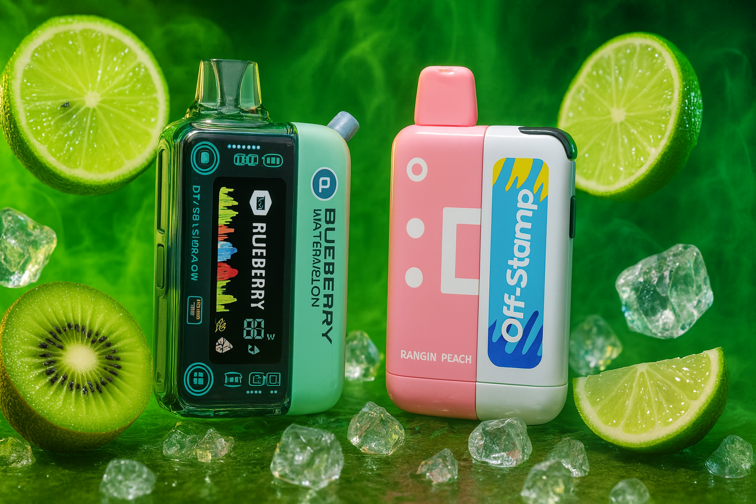 The photo shows two colorful vape devices set against a lively green background decorated with floating kiwi and lime slices along with scattered ice cubes, creating a fresh and vibrant atmosphere. On the left, the “RUEBERRY” device features a digital screen with icons and a power reading of “88W,” highlighted by the flavor “BLUEBERRY WATERMELON.” On the right, the “Off-Stamp” vape stands out with playful pink-and-white styling and the flavor “RANGIN PEACH.” The composition combines bright colors, fruity elements, and icy accents to emphasize a refreshing, flavorful theme with a modern, energetic appeal.