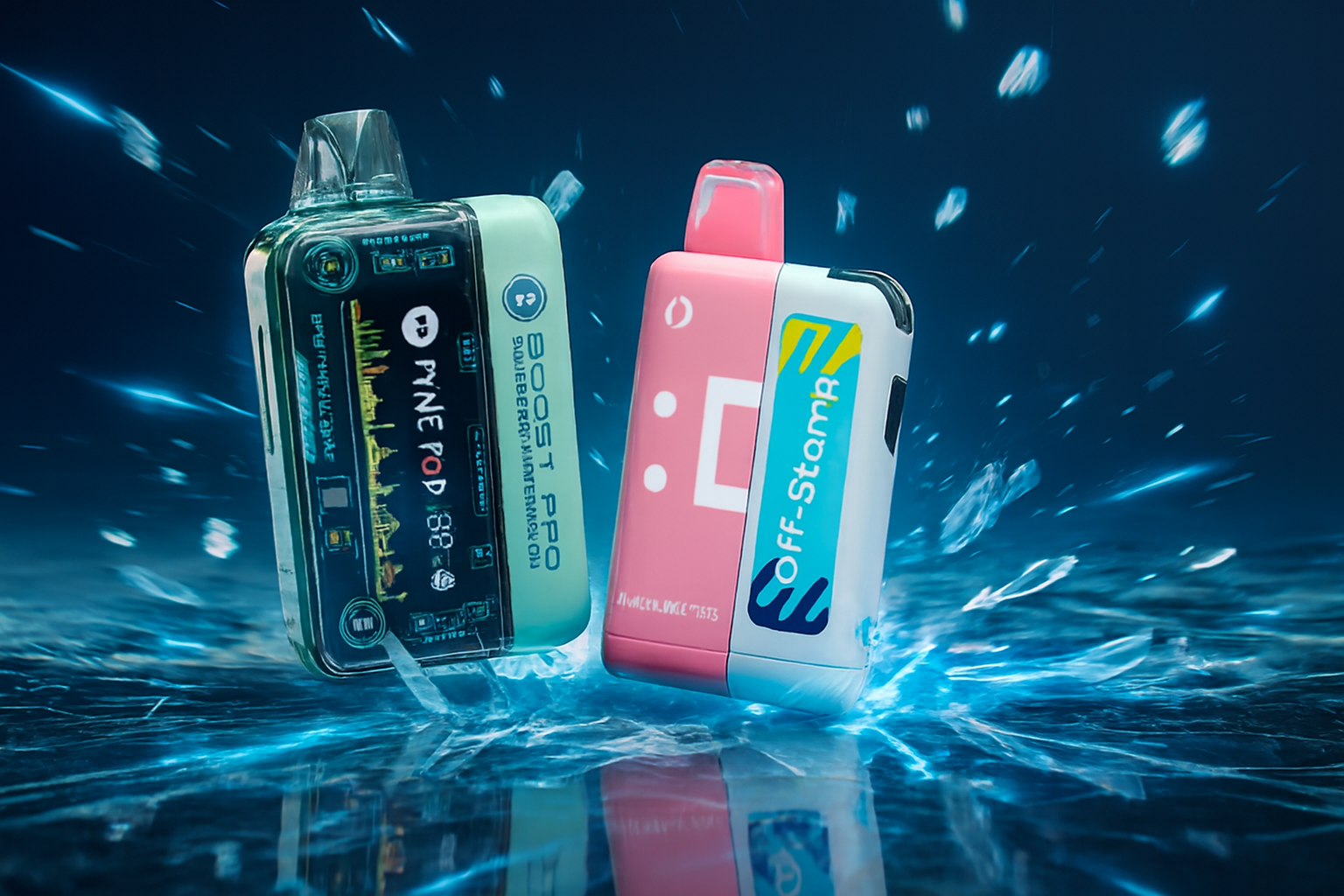 The photo showcases two modern vape devices standing upright on a reflective surface against a dynamic icy blue background that conveys motion and energy. On the left, the transparent “BOOST PRO” device reveals its internal components and features a digital display, while the right device, labeled “OFF-StamK,” has a bold pink-and-white design with a stylized face icon and the text “AWEEK.WALE M753.” The composition combines futuristic technology with vibrant colors, emphasizing a trendy, youthful aesthetic and highlighting innovation in vaping design.