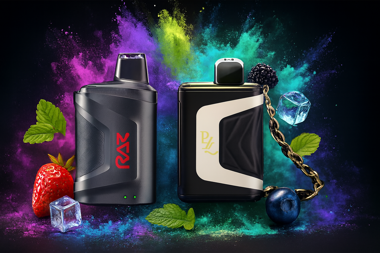 Two sleek vape devices are displayed side by side against a vibrant explosion of colorful powder in purple, green, yellow, and blue, creating a dynamic and energetic backdrop. The device on the left is black with bold red “RAZ” branding, a textured grip, and two glowing green indicator lights at the bottom, while the device on the right combines black and white with a gold accent, a chain attached, and a stylized golden logo for a premium look. Surrounding them are fresh flavor elements—strawberry, blueberry, blackberry, mint leaves, and ice cubes—emphasizing cool, fruity sensations. The composition blends modern design with lively flavor cues, making the scene visually striking and promotional.