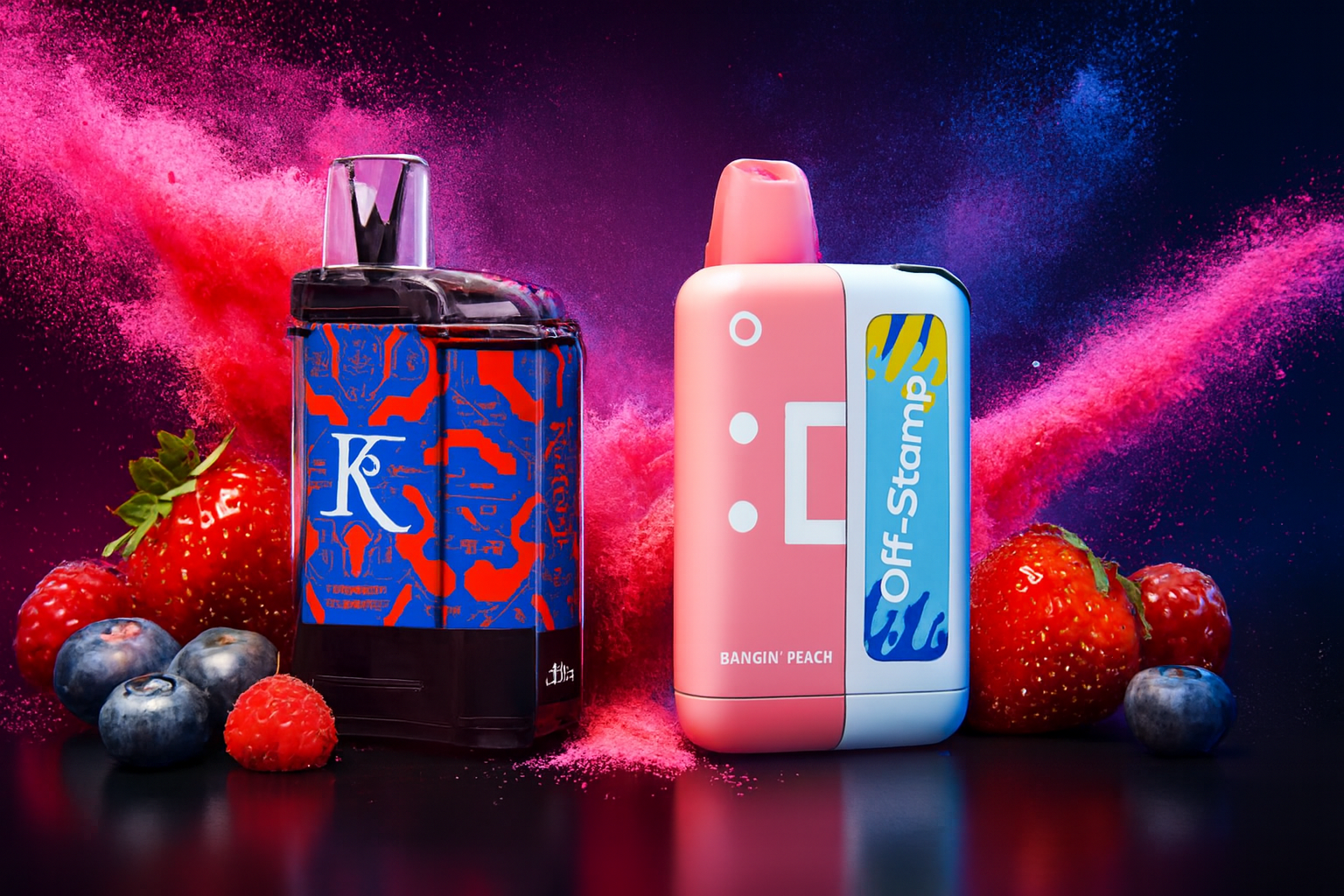 The photo showcases two colorful vape devices placed side by side against a vibrant backdrop of pink and purple powder bursts. On the left, a blue-and-red patterned device prominently displays a white letter “K” along with the text “KISS” and “FIREKISS FLUMER,” giving it a bold, dynamic look. On the right, a pink-and-white rectangular device features a blue label with the brand “Off-Stamp” highlighted by abstract yellow and blue patterns, and the flavor name “BANGIN’ PEACH” at the bottom. Surrounding both devices are fresh strawberries, blueberries, and raspberries, reinforcing the fruity theme and adding to the lively, eye-catching composition.