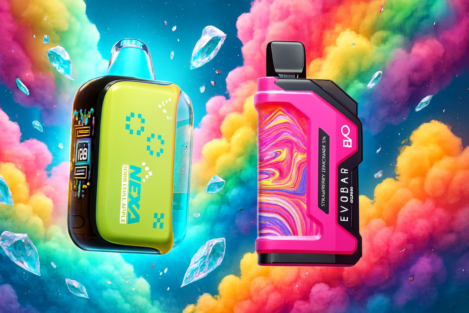 The photo depicts two vibrant vape devices set against a surreal, psychedelic backdrop of multicolored clouds and floating ice crystals. On the left, a sleek green-and-black device labeled “NEXA SONIC CHILL APPLE” features a digital display showing “128,” emphasizing a modern, tech-driven design. On the right, a bright pink device branded “EVOBAR” with the flavor “STRAWBERRY LEMONADE 5%” stands out, decorated with a swirling, multicolored pattern that adds playful energy. The fantastical background enhances the scene’s visual impact, creating a dynamic and eye-catching composition that highlights both flavor and style.
