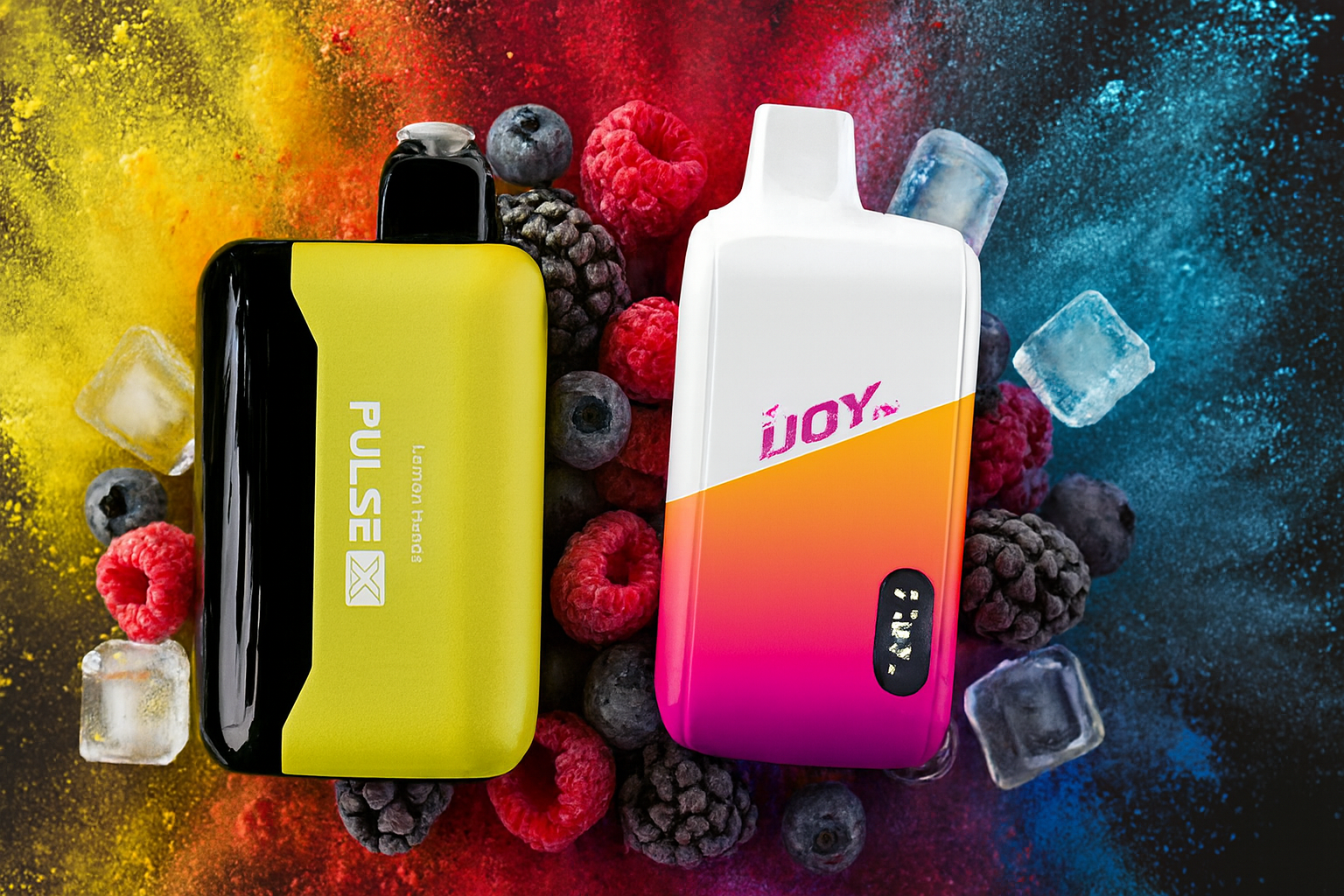 The image displays two colorful vape devices surrounded by a vibrant mix of berries—raspberries, blueberries, and blackberries—alongside ice cubes and splashes of red, yellow, and blue powder. The left device, labeled “PULSE X,” features a bold yellow and black design with the flavor “Lemon Heads,” while the right one, branded “iJOY,” showcases a smooth gradient from white to orange to pink. The composition evokes a refreshing and fruity atmosphere, highlighting the flavor and visual appeal of the products.