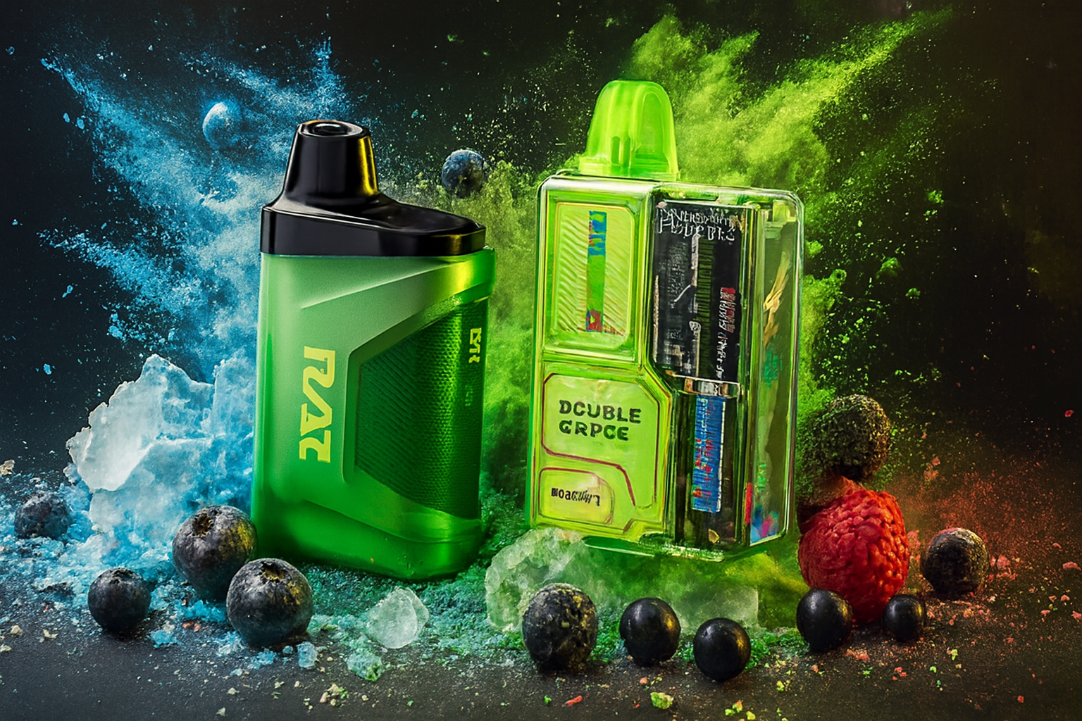 The image showcases two vibrant vape devices surrounded by a burst of fruits, ice, and colorful powder. The left device, labeled 