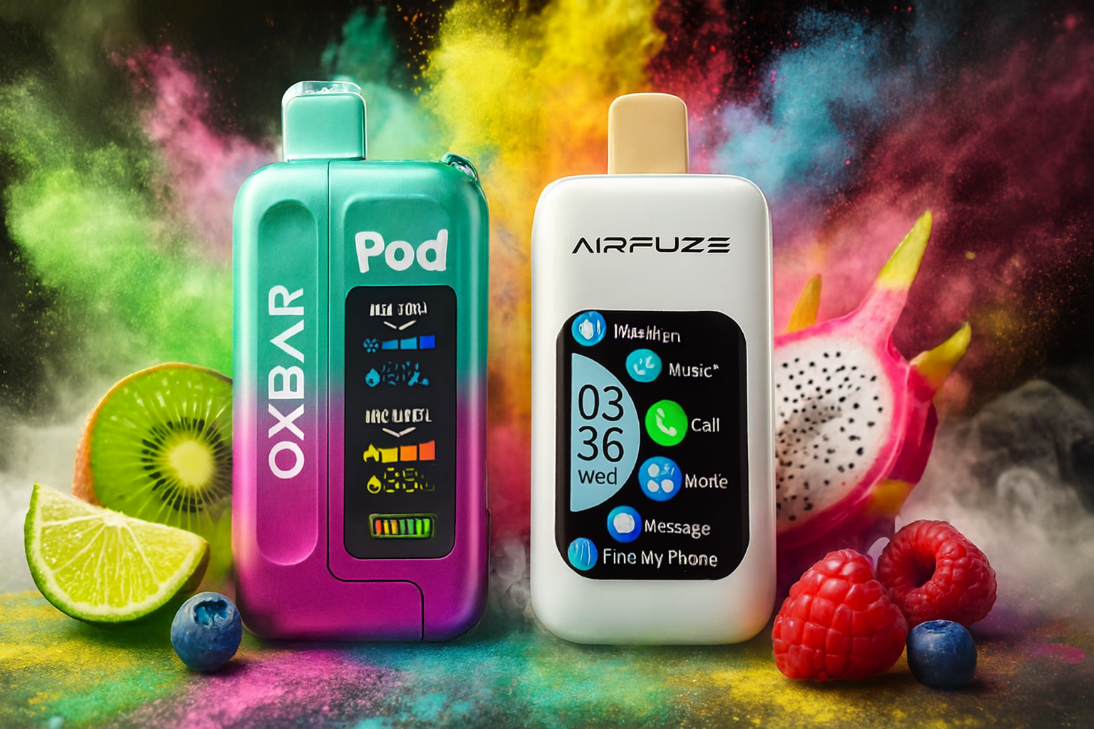The image showcases two vibrant electronic devices resembling vape pods or smart gadgets, set against a dynamic backdrop of multicolored powder and fresh fruits. The left device, labeled “OXBAR Pod,” features a display with icons and colored bars indicating airflow and level settings. The right device, branded “AIRFUZE,” displays a digital interface with icons for Music, Call, Movie, Message, and “Find My Phone,” along with the time “03:36” and day “Wed.” Surrounding them are kiwi, lime, blueberry, raspberry, and dragon fruit, enhancing the energetic, flavor-rich atmosphere and futuristic appeal of the composition.