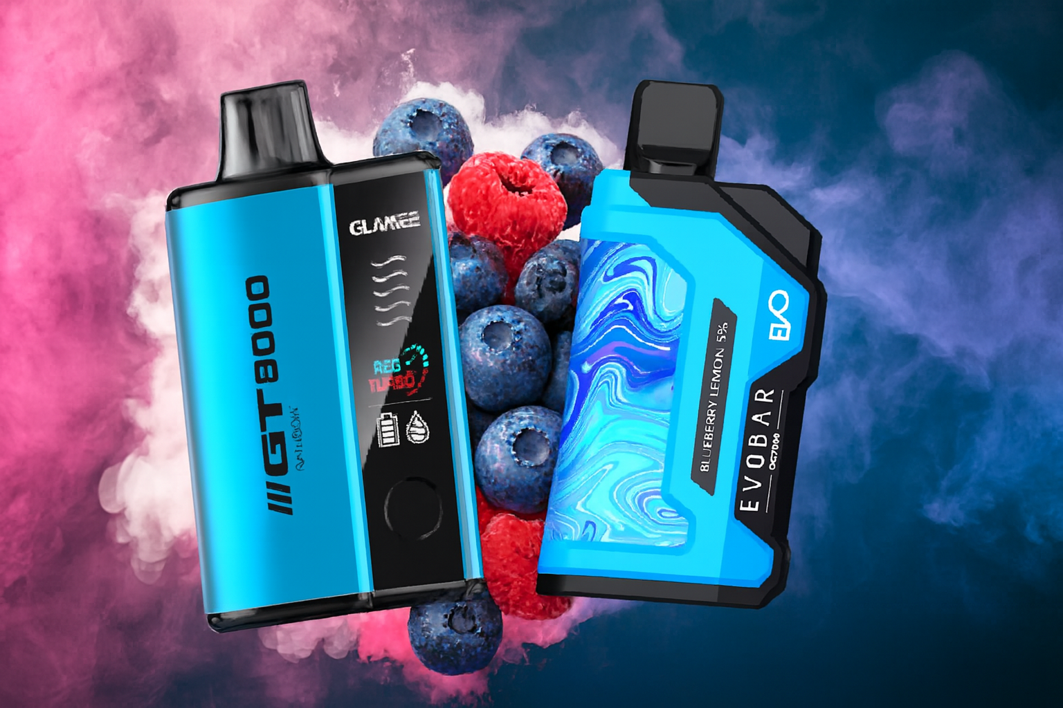The image displays two vibrant vape devices set against a swirling backdrop of pink and blue smoke, accented by blueberries, a raspberry, and ice cubes. The left device, labeled “GT8000” by GLAMEE, features battery and liquid indicators along with a “REG TURBO” mode. The right device, branded “EVOBAR” by EVO, highlights the flavor “BLUEBERRY LEMON 5%.” The composition emphasizes a cool, fruity theme with a sleek, modern aesthetic.