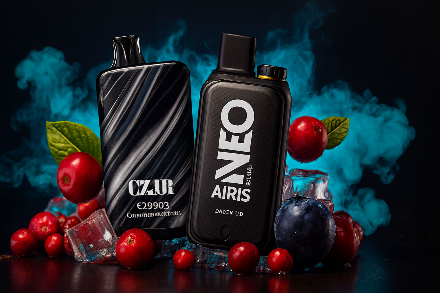 The image showcases two sleek vape devices set against a smoky blue background, surrounded by ice cubes, green leaves, and vibrant fruits like red berries and a blueberry. The left device features a black and white swirl design with the label “CZAR €29903 Consumus electricus,” while the right one is black with bold white text reading “NEO AIRIS” and additional stylized writing. The dramatic contrast between the dark devices and bright fruit elements creates a bold, high-impact visual that emphasizes flavor and sophistication.
