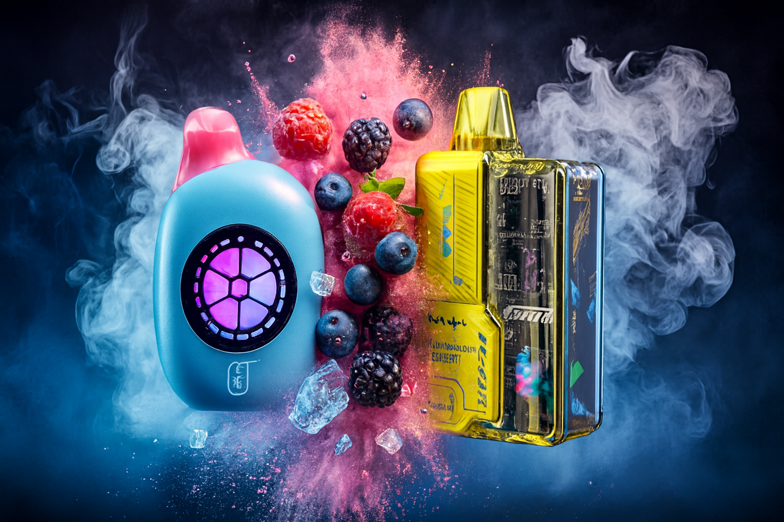 The image showcases two vibrant vape devices surrounded by a burst of mixed berries, ice cubes, and swirling pink smoke. The left device features a blue body with a pink mouthpiece and a glowing circular design, while the right device is yellow and transparent, revealing its internal components and printed details. The dark, dramatic background with splashes of color enhances the cool, fruity atmosphere and highlights the sleek, sensory appeal of the products.