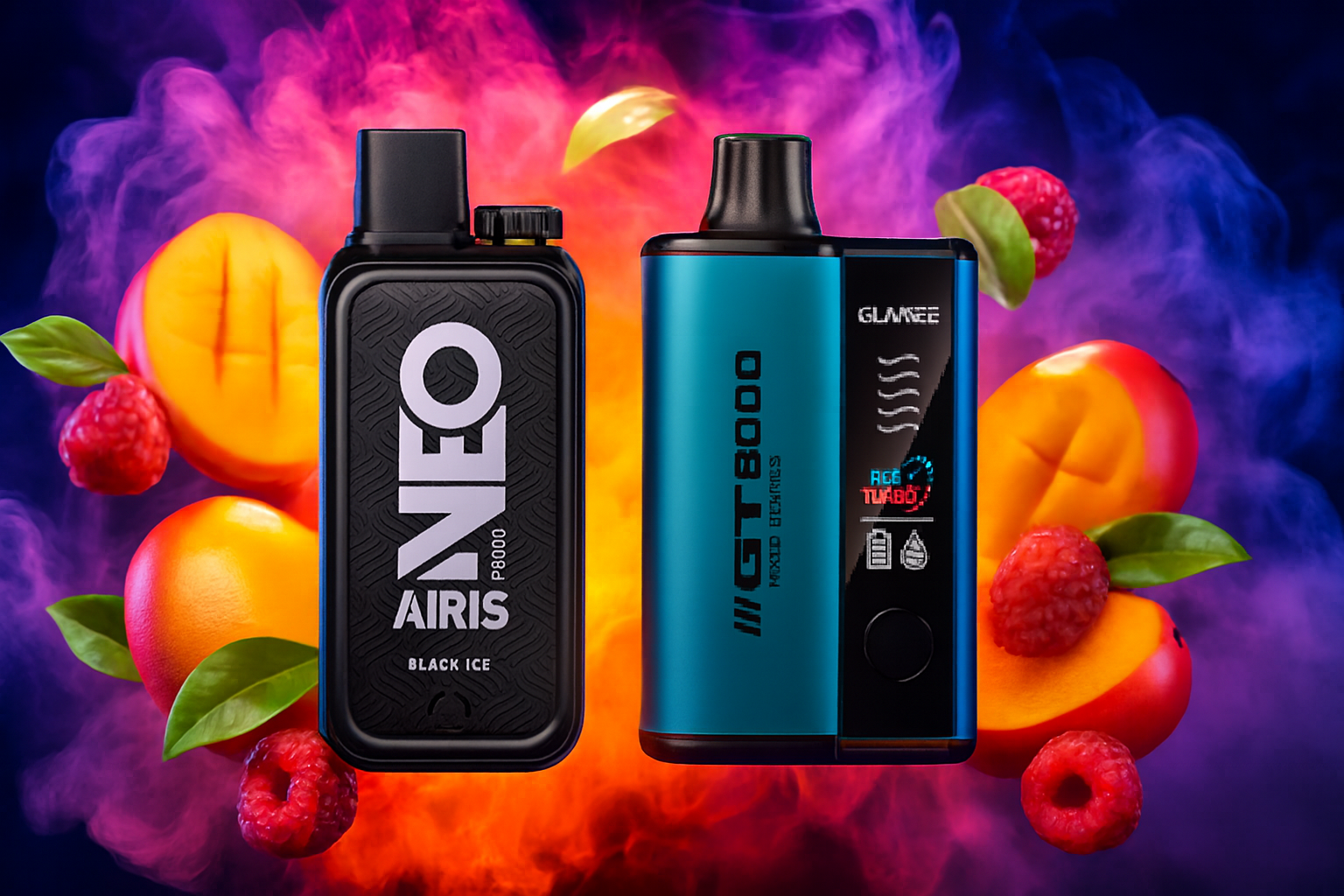 The image showcases two stylish vape devices set against a vibrant backdrop of swirling smoke and fresh fruit elements like mangoes, raspberries, and green leaves. On the left is the sleek black 