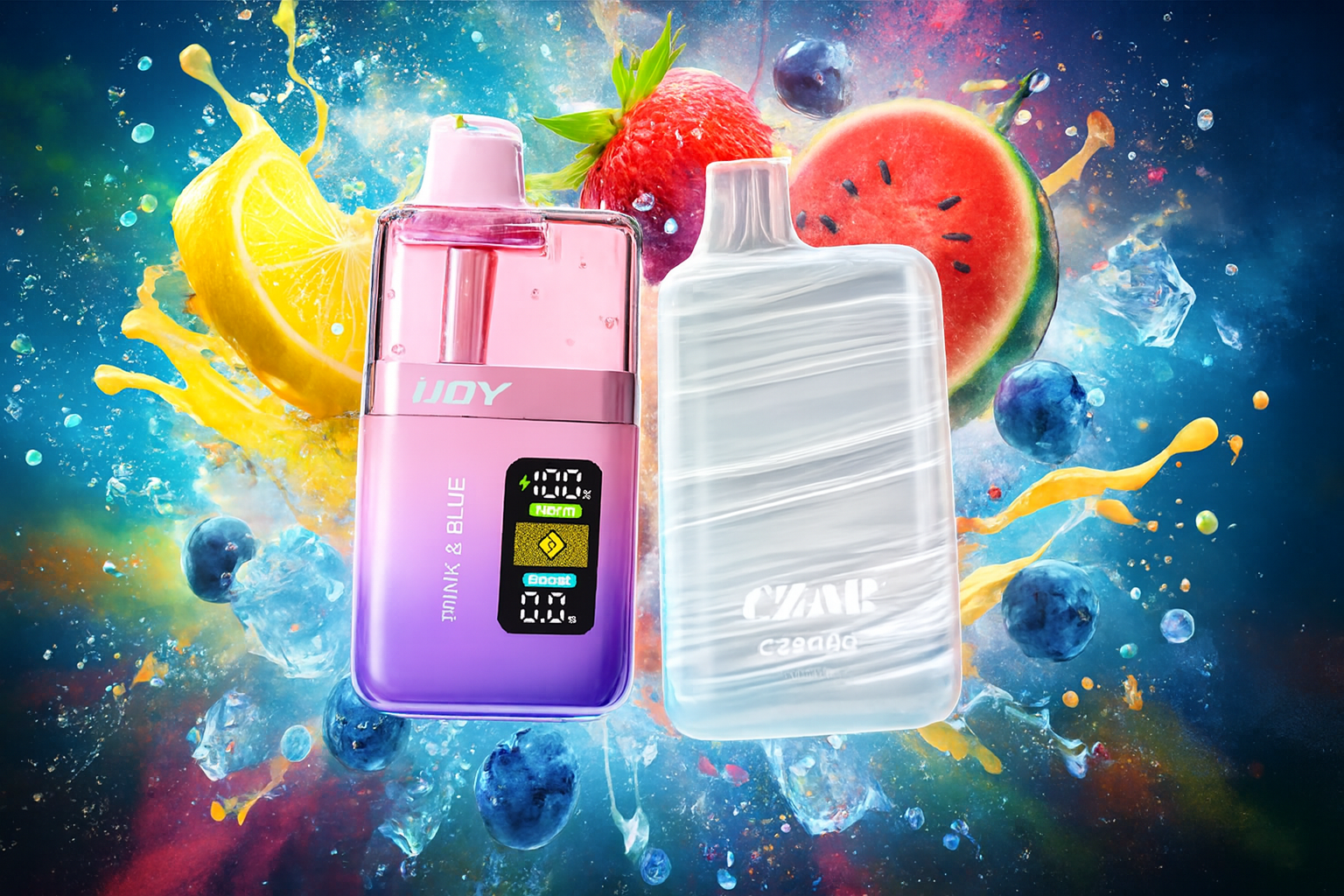 The photo features two vibrant vape devices set against a dynamic backdrop of splashing fruit juices and ice cubes. On the left, a pink-and-purple iJOY model with a digital display shows full battery and mode indicators, while on the right, a sleek white CZAR C3000 with a marbled texture stands out. Surrounding them are vivid fruits—lemon, strawberry, watermelon, and blueberries—emphasizing the fresh, fruity flavors and energetic appeal of the products.