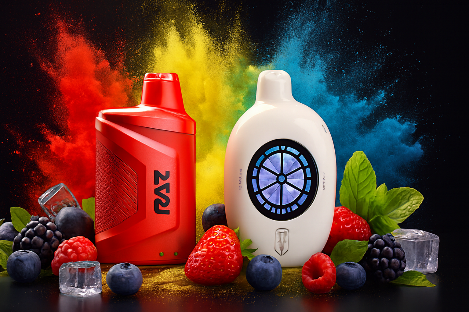 The photo showcases two sleek vape devices set against a dynamic burst of red, yellow, and blue powder, creating a vibrant and energetic backdrop. On the left, a bold red device with a textured grip exudes a modern, sporty feel, while on the right, a white device features a circular window glowing with cool blue light, adding a futuristic touch. Surrounding them are fresh strawberries, blueberries, raspberries, and blackberries, accented by mint leaves and ice cubes, visually suggesting refreshing fruity and minty flavors. The composition blends technology with sensory appeal, making the scene both striking and flavor-driven.