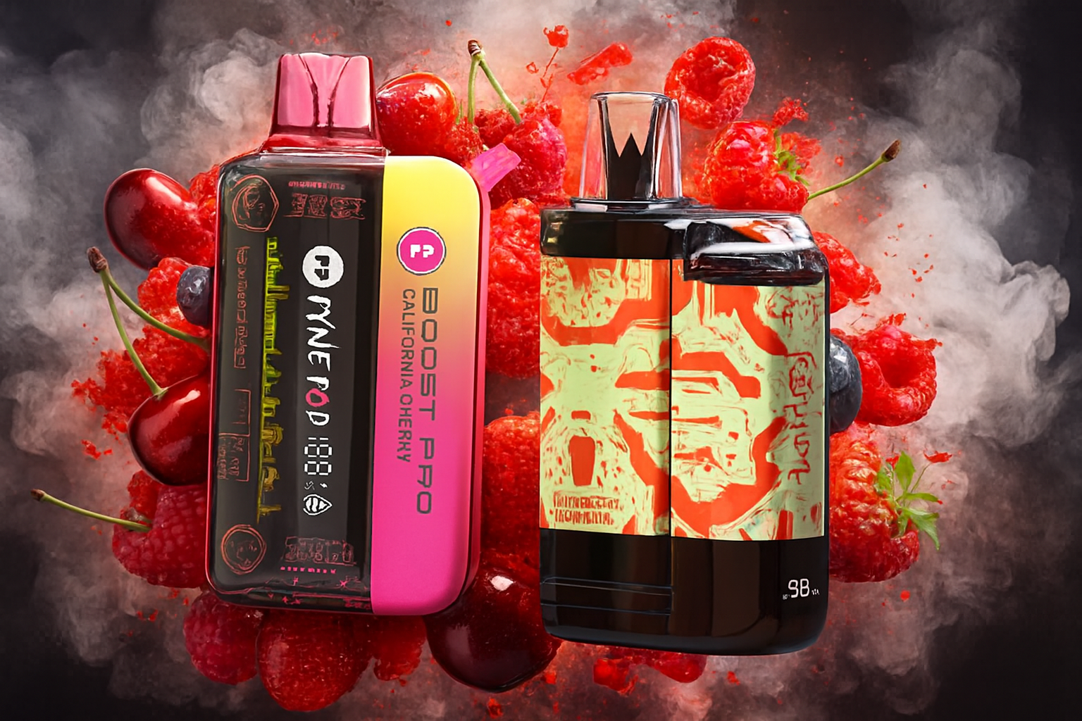 The image features two bold vape devices set against a smoky, fruit-filled backdrop. The left device, labeled 