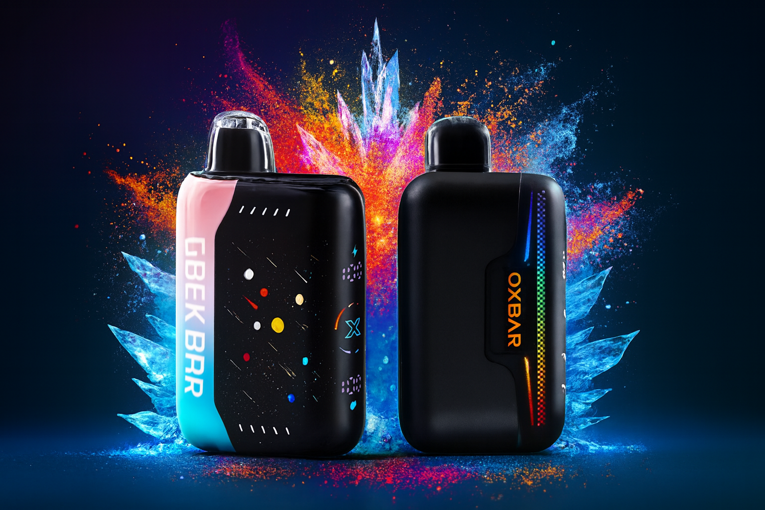 The image presents two sleek vape devices set against a vibrant explosion of color and crystalline textures. The left device features a black body with a pink-blue gradient side panel and cosmic dot patterns, labeled 