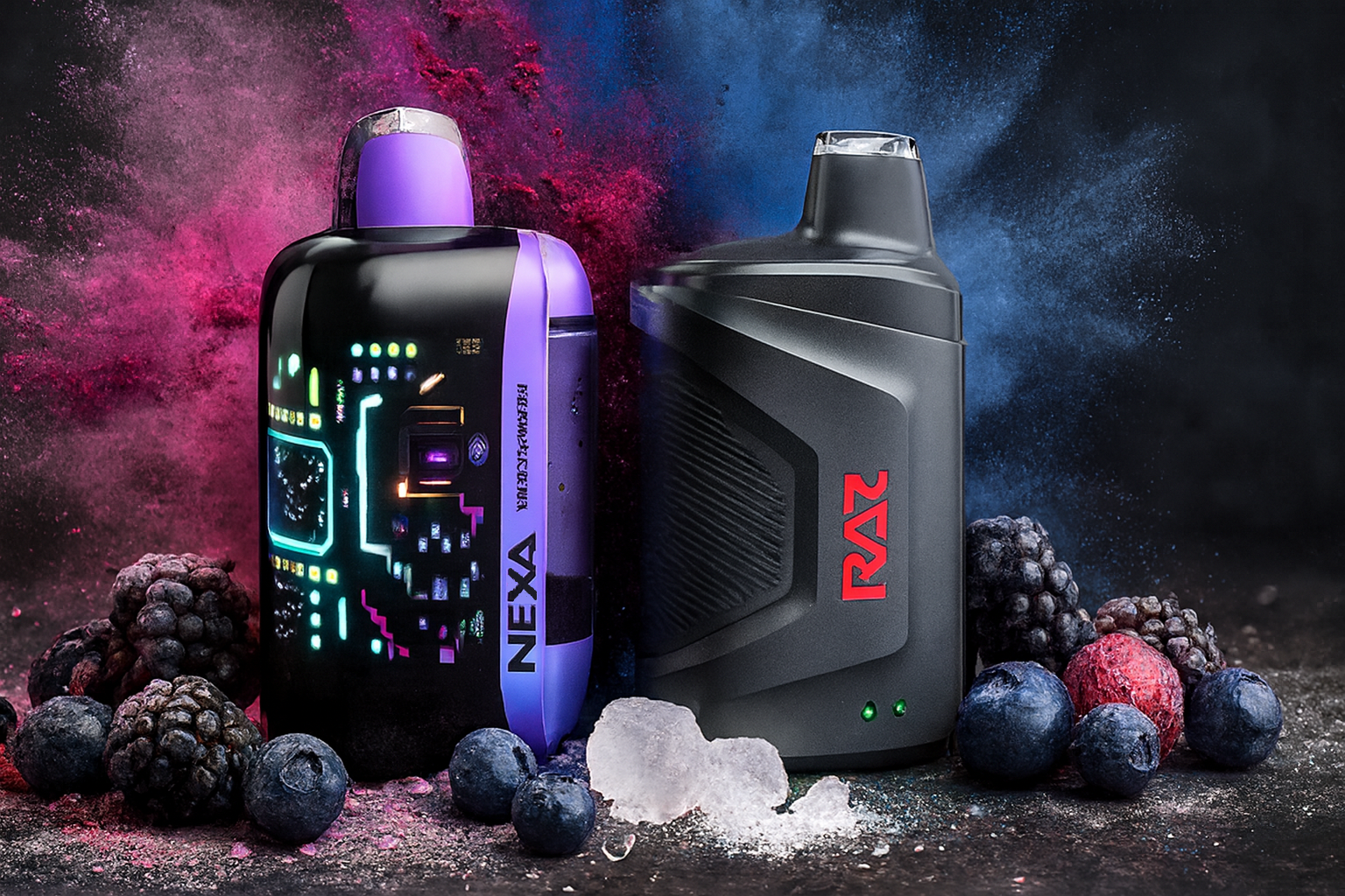 The photo shows two vape devices placed side by side on a dark surface, surrounded by fresh berries and ice cubes. On the left, a futuristic device with neon accents and the word “NEXA” glows against a burst of pink powder, while on the right, a matte black device with a bold red “RAZ” logo and green indicator lights contrasts against a blue powder explosion. The dynamic colors, icy details, and fruit elements create a striking composition that emphasizes freshness, flavor, and modern design.