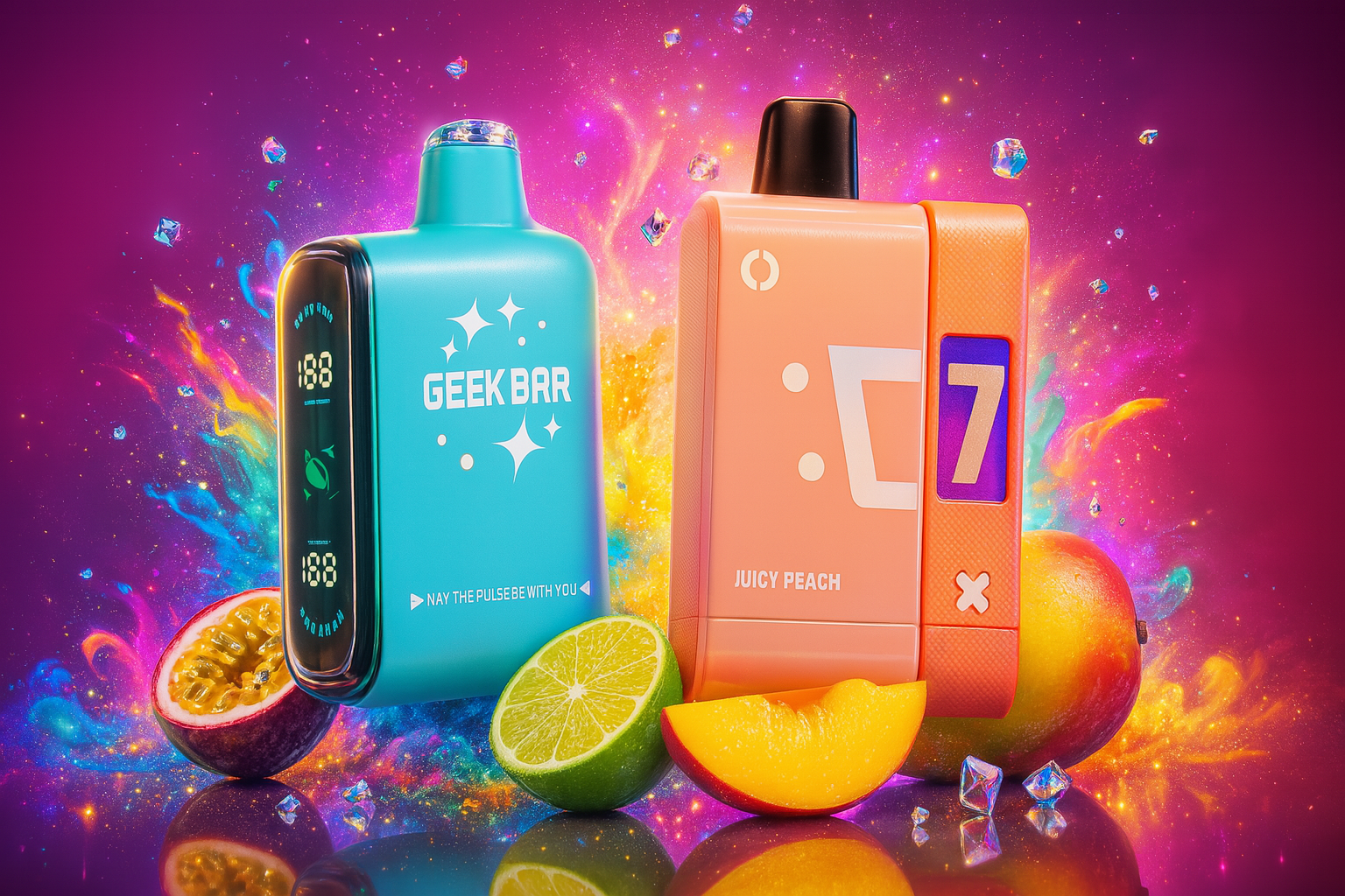 The image features two vibrant vape devices set against an explosive backdrop of neon color splashes and floating fruit. On the left, the turquoise 
