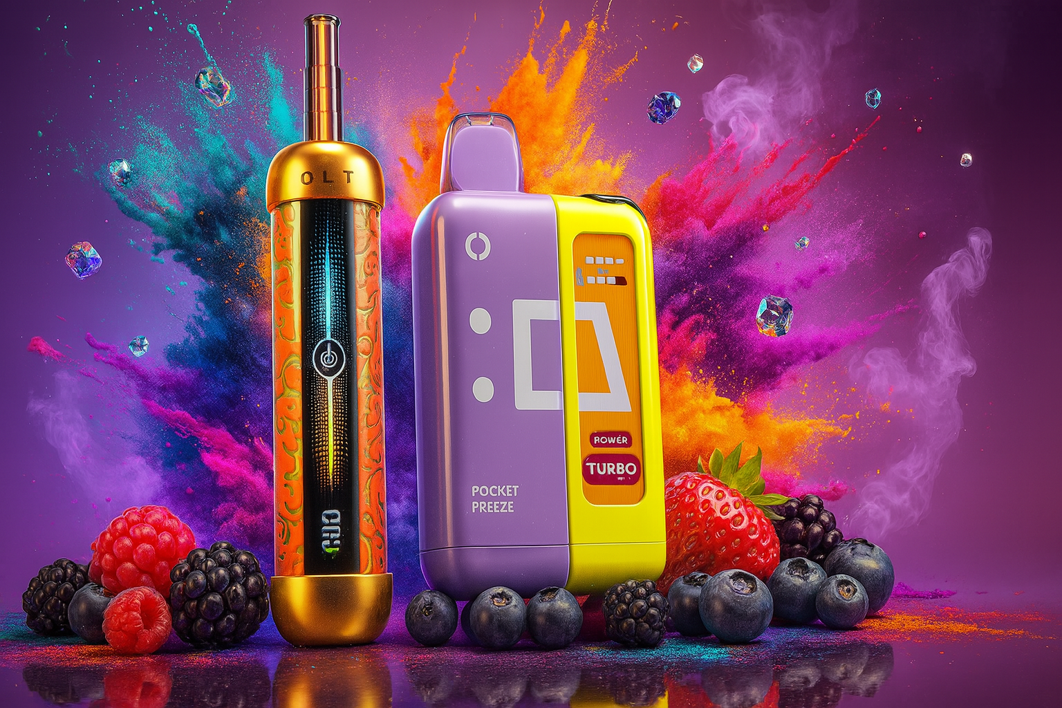 The image features two eye-catching vape devices set against a backdrop of vibrant, multicolored powder bursts, creating a sense of explosive energy. On the left, a cylindrical device with metallic gold accents displays the labels 