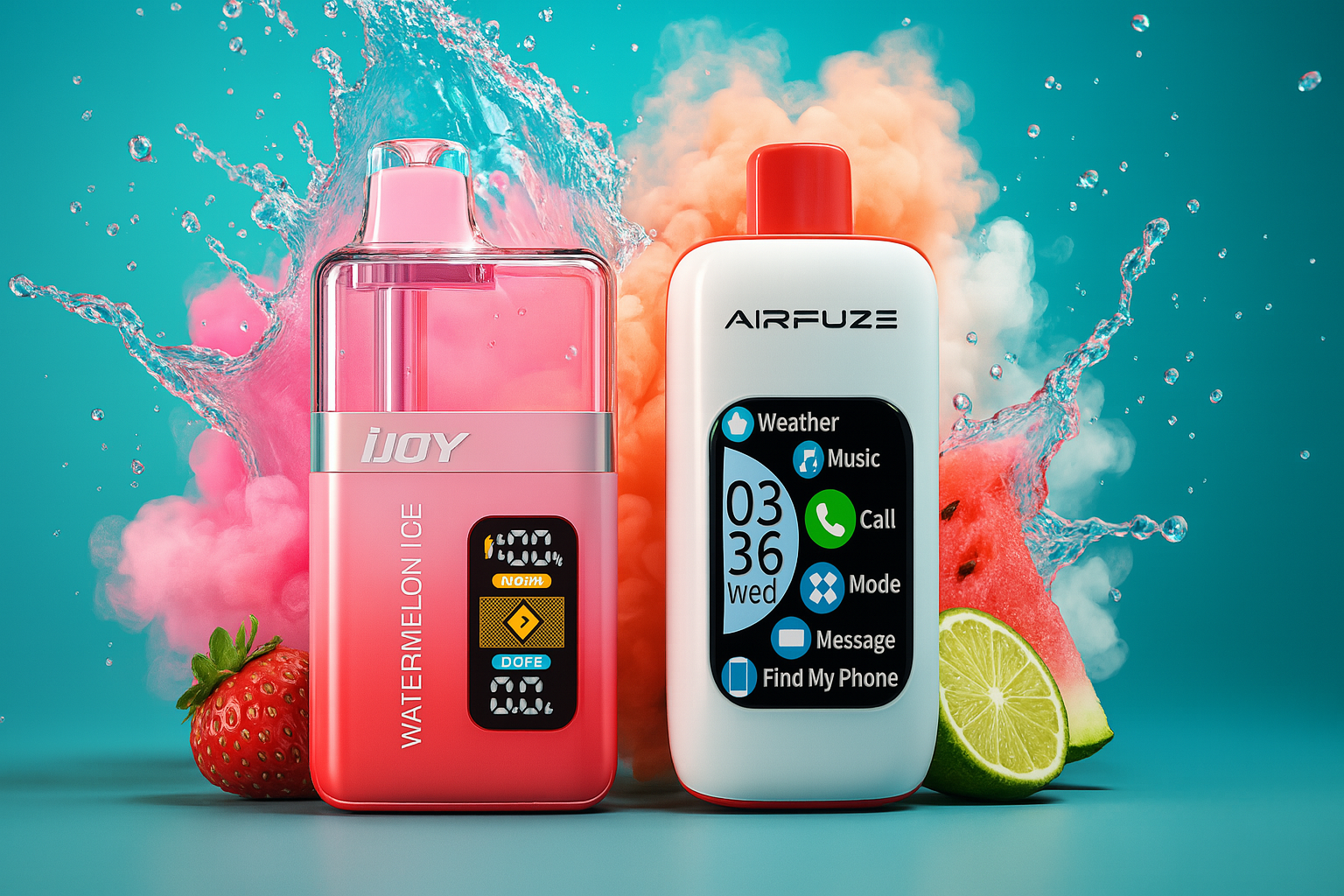The image features two colorful vape devices placed side by side against a vibrant backdrop filled with splashes of water and fresh fruit. On the left, the pink “iJOY” device is labeled “WATERMELON ICE” and includes a digital display showing icons and the word “OFF,” suggesting smart functionality. On the right, the white-and-red “AIRFUZE” device mimics a smartphone interface, displaying icons for “Weather,” “Music,” “Call,” “Mode,” “Message,” and “Find My Phone,” along with the time “03:36” and day “wed.” Surrounding the devices are strawberries, watermelon slices, and lime, creating a refreshing, tech-inspired composition that blends flavor, innovation, and visual energy.