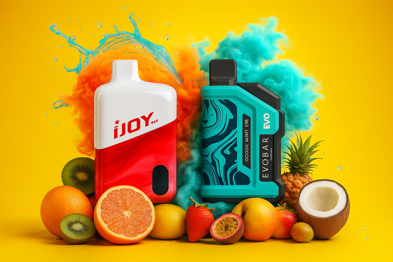 The image showcases two brightly colored vape devices set against a vivid yellow backdrop, surrounded by an assortment of fresh fruits and dynamic splashes of orange and blue liquid. On the left, the white-and-red “iJOY BAR” device presents a clean, bold design, while the turquoise-and-black “COOL MINT ICE EVO BAR EVO” on the right features a sleek, refreshing aesthetic. Scattered around them are halved oranges, apples, lemons, limes, strawberries, pineapple, and coconut, visually reinforcing the fruity and tropical flavor profiles. The energetic composition blends freshness, vibrancy, and modern style, making the scene both eye-catching and flavor-forward.