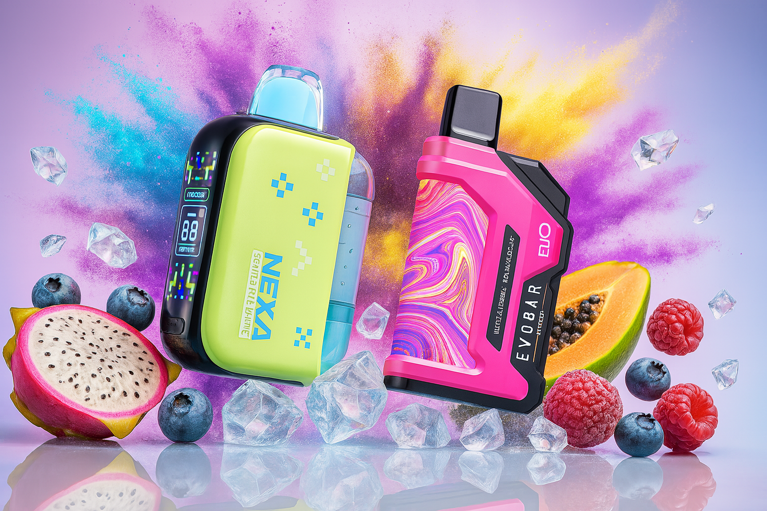 The image showcases two vibrant vape devices surrounded by a burst of colorful smoke, tropical fruits, and ice crystals. The left device is lime green with blue accents, labeled 