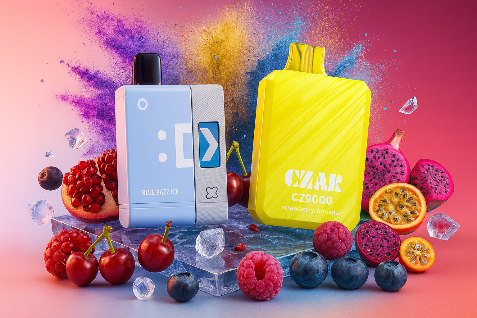 The image features two brightly colored vape devices displayed on a clear platform surrounded by ice cubes and a vibrant mix of fruits. On the left, the light blue and white “BLUE RAZZ ICE” device has a sleek rectangular shape with a black mouthpiece, suggesting a cool, berry-infused flavor. On the right, the bold yellow “CZAR CZ9000” device labeled “strawberry, banana” showcases an angular, modern design. Scattered around are pomegranate seeds, cherries, raspberries, blueberries, strawberries, passion fruit, and banana slices, all contributing to a rich, refreshing composition that blends fruity indulgence with icy freshness and visual energy.