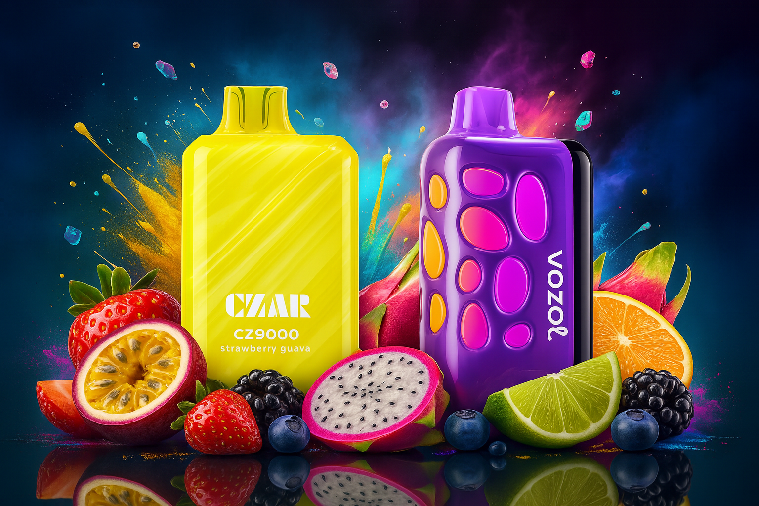 The image features two brightly colored vape devices surrounded by a vivid assortment of fruits and set against a dynamic explosion of blue, orange, and purple hues. On the left, the yellow “CZAR CZ9000” device is labeled “strawberry guava,” suggesting a tropical, sweet flavor profile. On the right, the purple “vooze” device with pink and orange accents adds a sleek, modern contrast. Scattered around them are strawberries, passion fruit, dragon fruit, lime, blackberries, and blueberries, enhancing the sensory richness of the scene. The energetic composition blends bold design with natural textures, creating a visually striking and flavor-forward presentation.