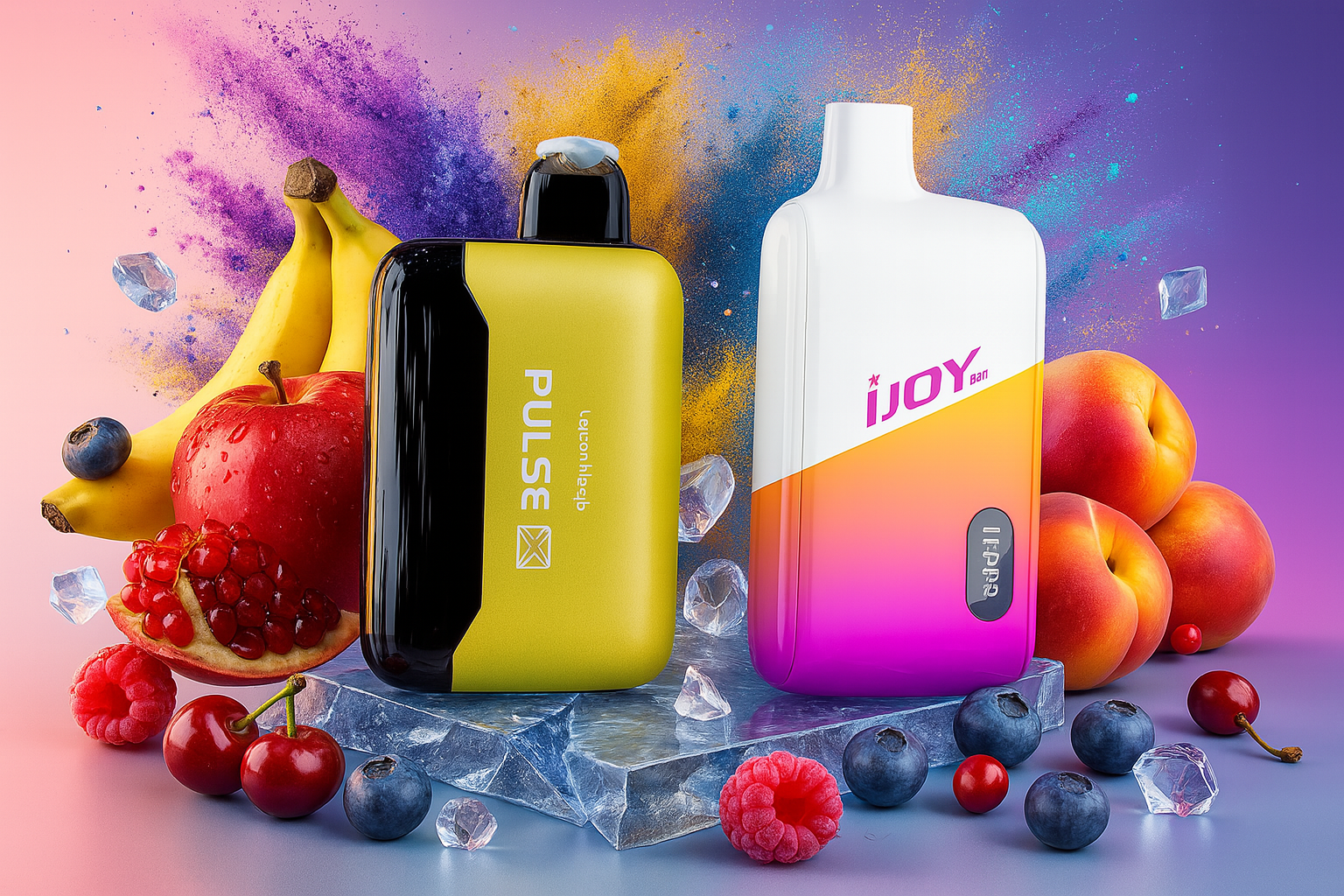 Two vibrant vape devices rest atop a glistening block of ice, surrounded by a lush explosion of fruits—bananas, cherries, blueberries, raspberries, peaches, and a halved pomegranate—evoking a sense of freshness and sensory indulgence. The left device, labeled 