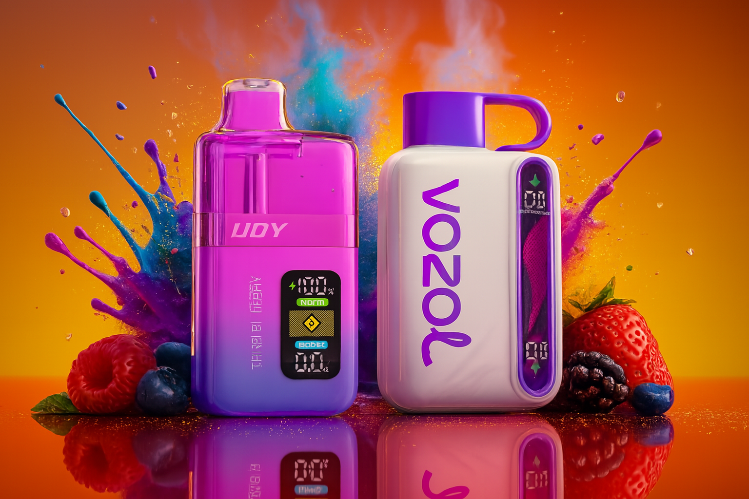 The image features two vibrant vape devices positioned side by side against a dynamic background splashed with shades of blue, purple, and pink. The left device, branded 