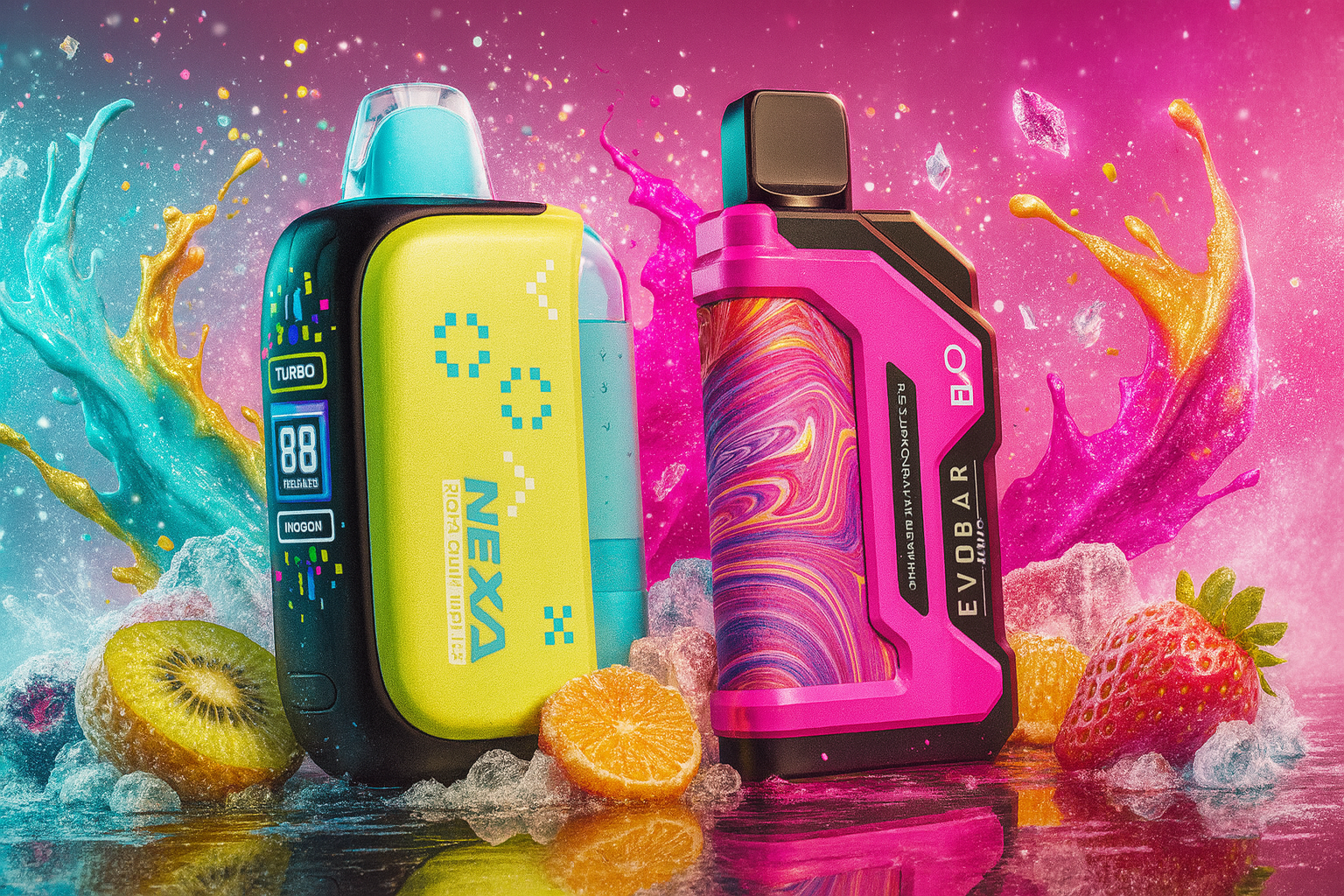 The image features two vibrant vape devices set against a dynamic backdrop of splashing liquids and fresh fruits. On the left, the “NEXA” device displays a digital screen with “88,” “MODES,” and “MODON,” suggesting customizable settings and high-tech appeal. On the right, the “EVOBAR CB” device showcases a swirling, multicolored design that adds a playful, energetic touch. Surrounding the vapes are kiwi, orange, strawberry, and pineapple slices, visually reinforcing the fruity flavor profiles. The background bursts with blue, pink, and orange splashes, creating a lively, flavor-packed composition that blends technology, freshness, and visual excitement.