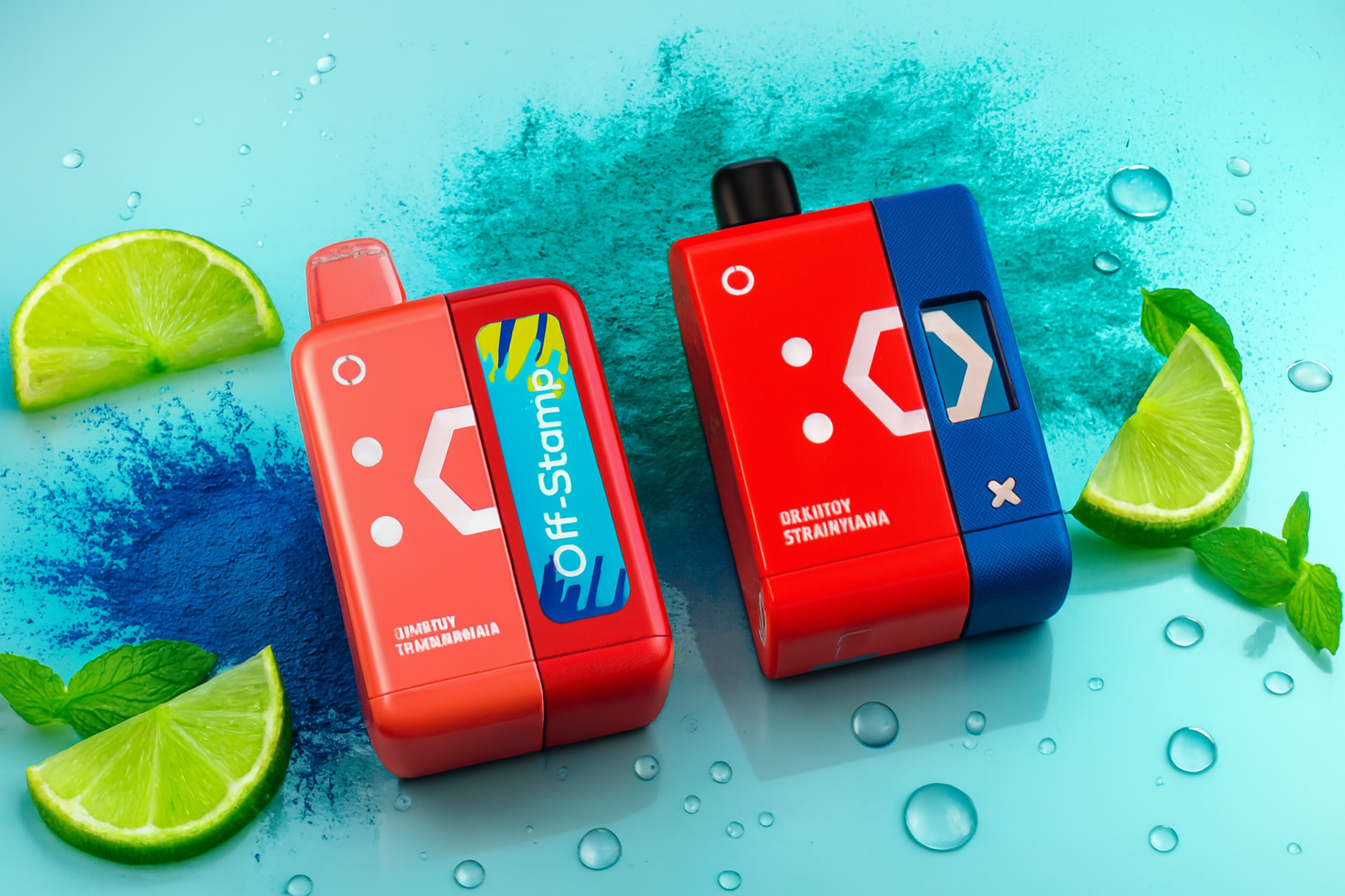 Two vibrant vape devices sit on a cool blue surface scattered with water droplets, mint leaves, and lime wedges, evoking a refreshing, sensory-rich atmosphere. The devices—red with blue accents—feature playful, face-like graphics and bold text: one reads “Off-Stamp” and “UNAKITY TRANSFORMANIA,” while the other says “ORAKLJOY STRANFMANIA.” A dusting of blue powder in the background adds dynamic texture and energy, enhancing the composition’s lively, flavor-forward aesthetic.
