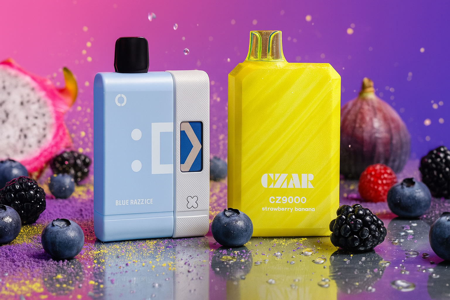 Two vibrant vape devices are displayed against a lively gradient backdrop, surrounded by an assortment of fresh fruits including blueberries, blackberries, raspberries, a fig, and a sliced dragon fruit. The left device, in light blue and white, features a digital-style face design and is labeled “BLUE RAZZ ICE,” suggesting a cool, tangy flavor. The right device, bright yellow and branded “CZAR,” promotes the “CZ9000 strawberry banana” flavor, blending tropical sweetness with bold style. The composition fuses sleek modern design with natural fruit elements, creating a visually rich and flavor-forward scene.