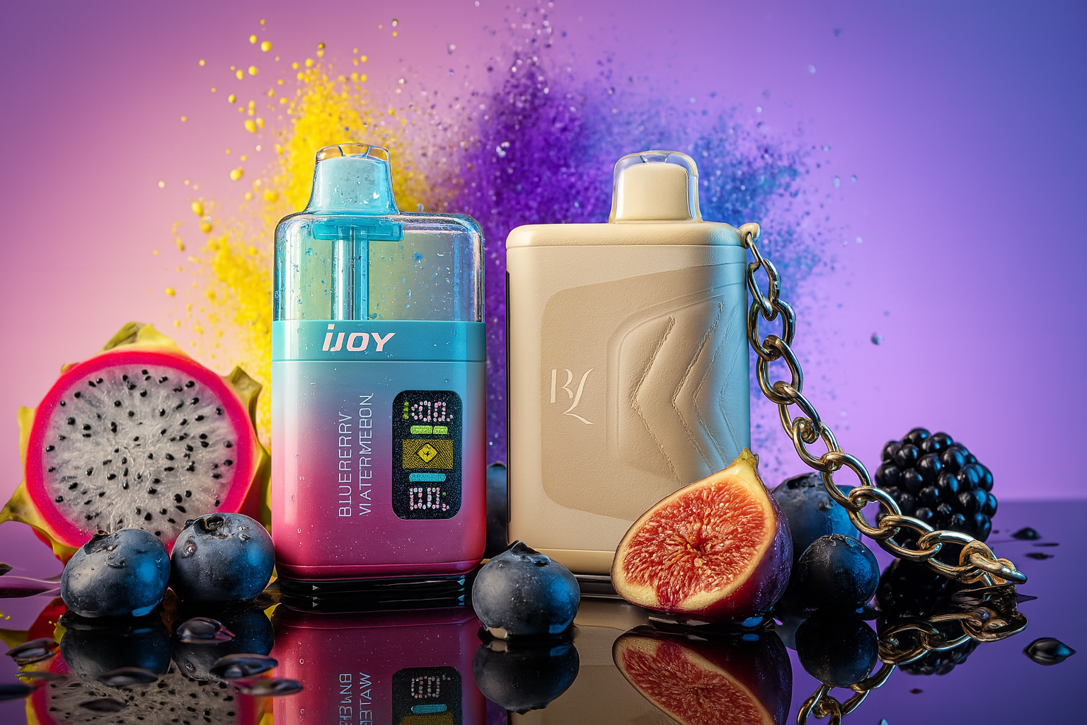 Two visually striking vape devices are showcased amid a lush arrangement of fruits and vibrant powder splashes. The left device, labeled “iJOY,” features a bold blue and pink design and highlights the flavor “BLUEBERRY WATERMELON,” along with icons for mesh coil, rechargeable battery, and 8000 puffs—suggesting a high-performance, flavor-rich experience. The right device, in soft beige with a gold chain and embossed “R” logo, adds a touch of elegance and luxury. Surrounding elements like dragon fruit, blueberries, fig, and blackberry, paired with bursts of yellow, purple, and blue powder, create a dynamic, sensory-driven composition that blends indulgence with style.