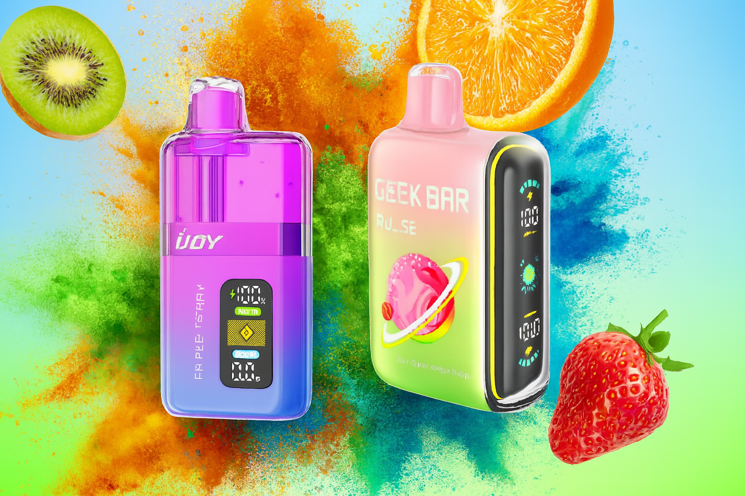 Two eye-catching vape devices are set against a vibrant backdrop splashed with color and surrounded by fresh fruits—kiwi, orange slice, strawberry, and blueberries—evoking a lively, flavor-packed atmosphere. The left device, labeled “iJOY,” features a bold purple-pink gradient and highlights “FIRE PLUS 15,000 Puffs,” while the right, “GEEK BAR PULSE,” showcases a pastel gradient with a planet-ring graphic and boasts “Super Dual Mesh Coil” and “16,000 Puffs.” Both display digital indicators for battery and puff count, blending futuristic design with fruity indulgence in a dynamic, sensory-driven composition.