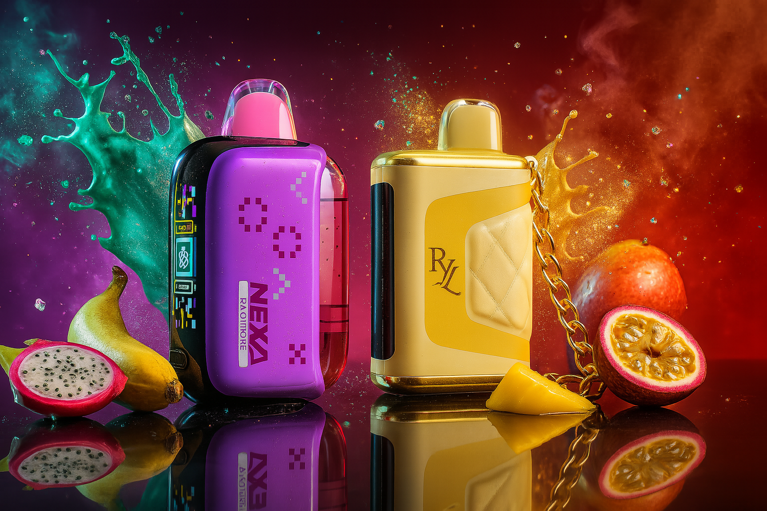 Two visually striking vape devices are set against a high-energy backdrop of splashing liquid and exotic fruits, creating a bold and flavorful composition. On the left, the 