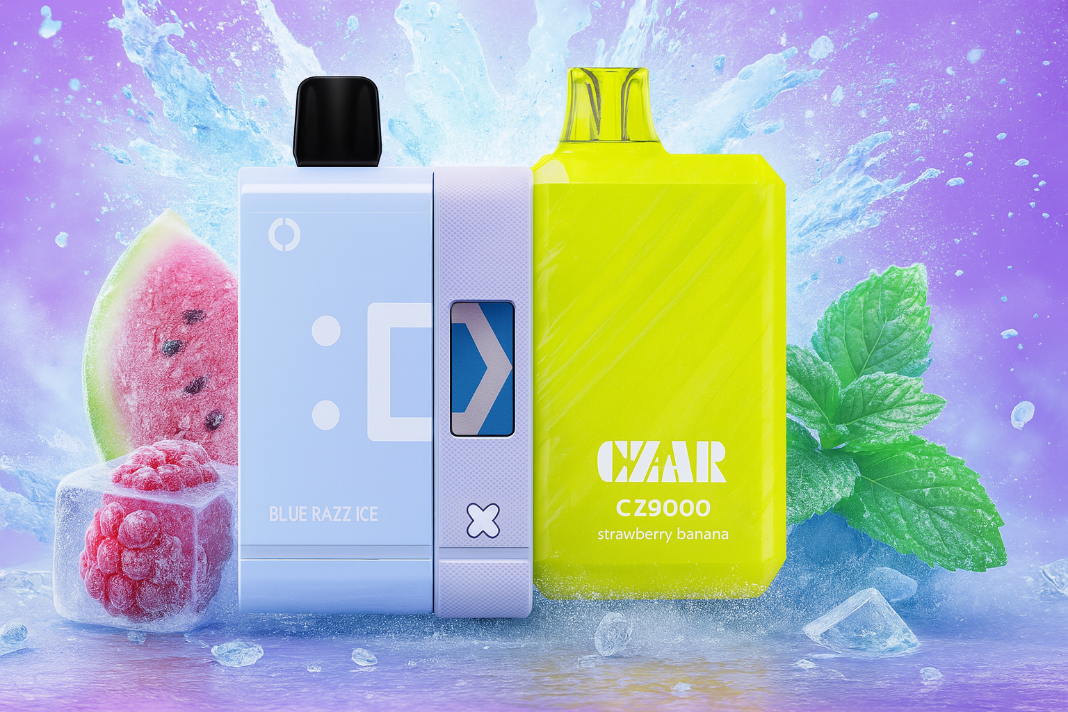 Two vibrant vape devices are displayed side by side against a frosty, flavor-charged backdrop. On the left, the 