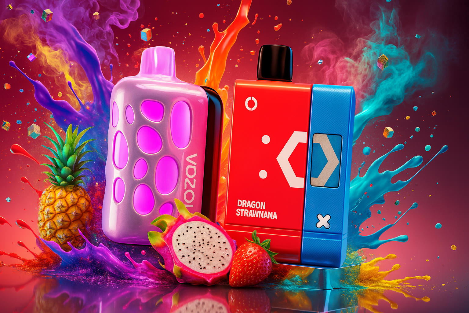 Two colorful vape devices are set against a vibrant, splash-filled backdrop that radiates tropical energy and bold flavor. On the left, the 