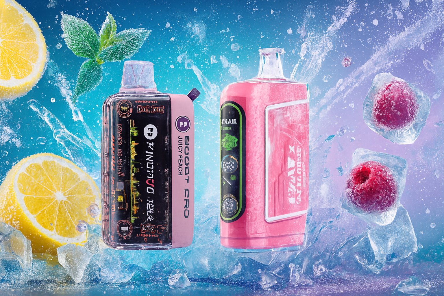 Two vibrant vape devices are set against a refreshing, high-energy backdrop filled with splashes of water, ice cubes, and fresh fruits. The left device, labeled 