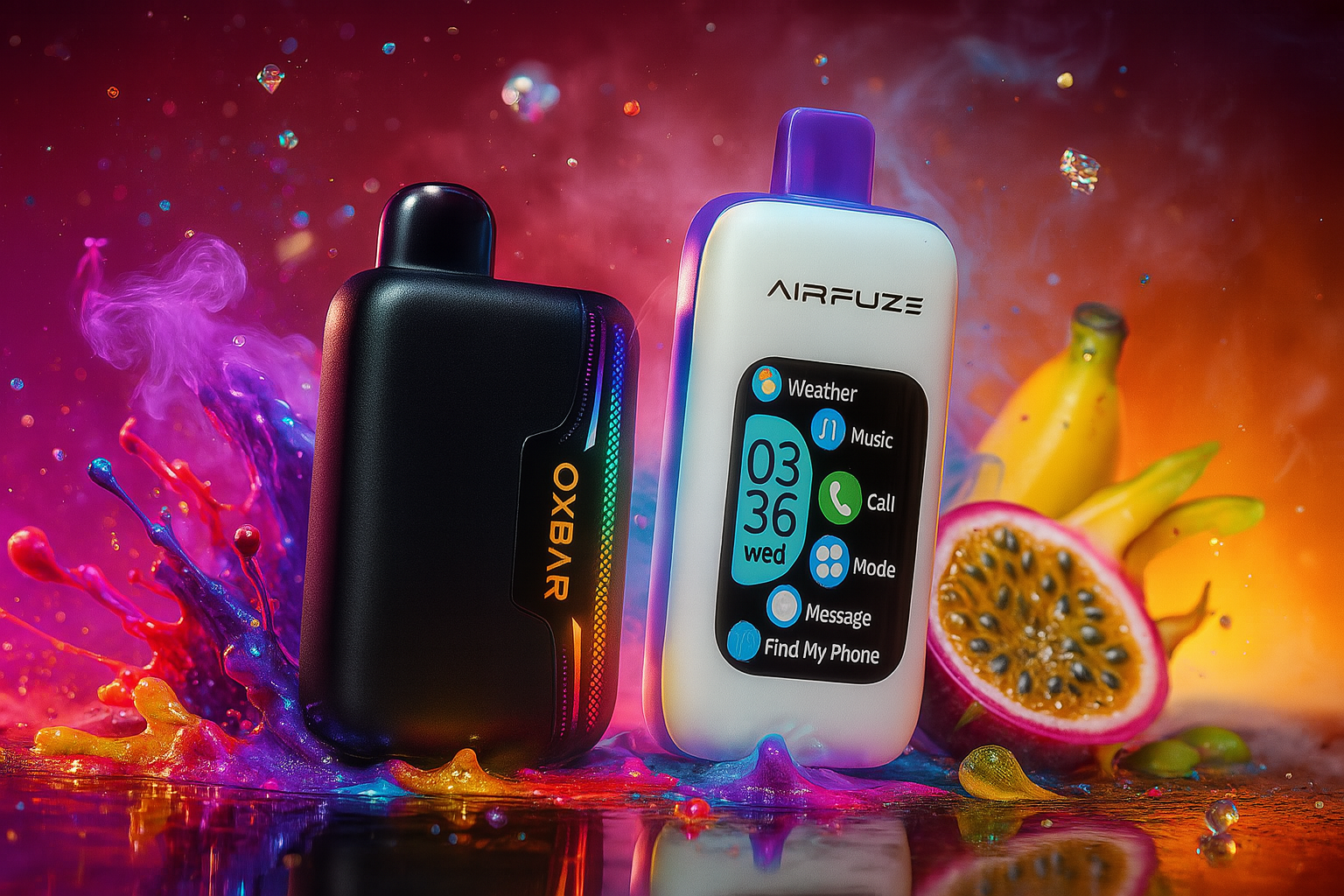 The image features two vibrant vape devices set against a dynamic, colorful background with splashes of purple, pink, orange, and blue, along with tropical fruits like bananas and passion fruit. On the left is a sleek black device branded 