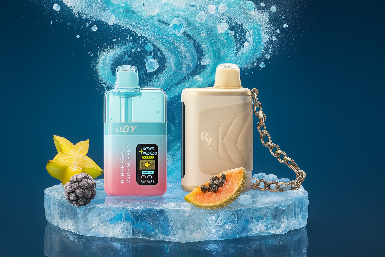 The image showcases two vape devices placed on a block of ice, surrounded by a dramatic splash of water and icy elements that evoke a refreshing sensation. The left device, branded 