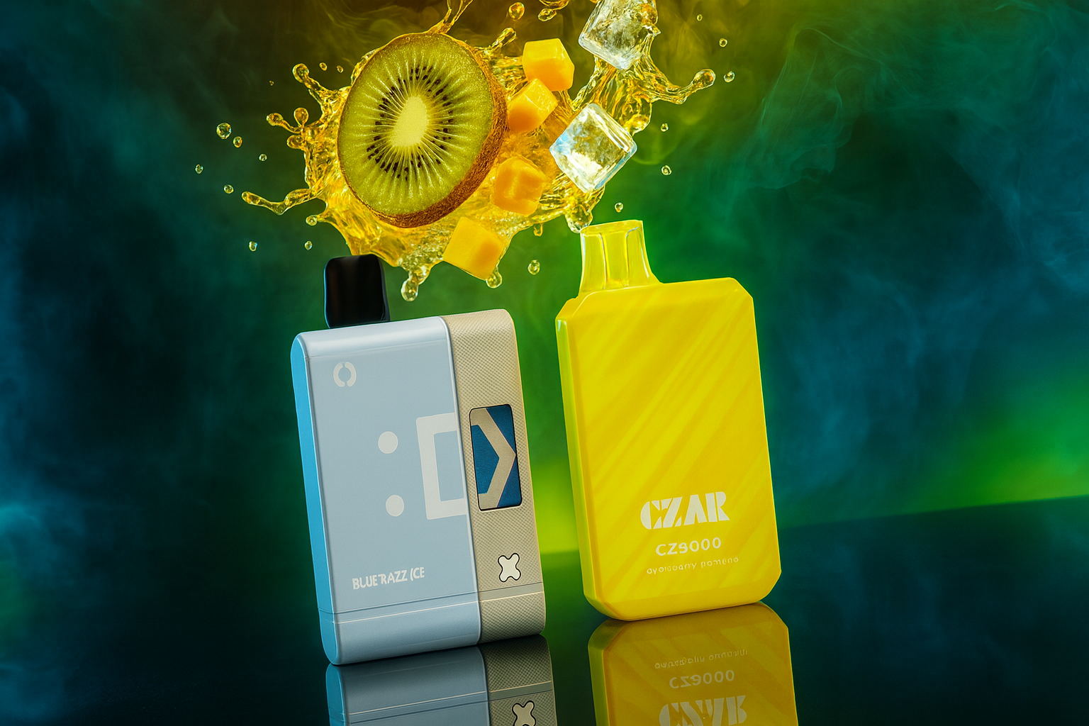 The image features two vibrant vape devices set against a smoky, high-energy backdrop. On the left, a sleek light blue and silver device labeled 