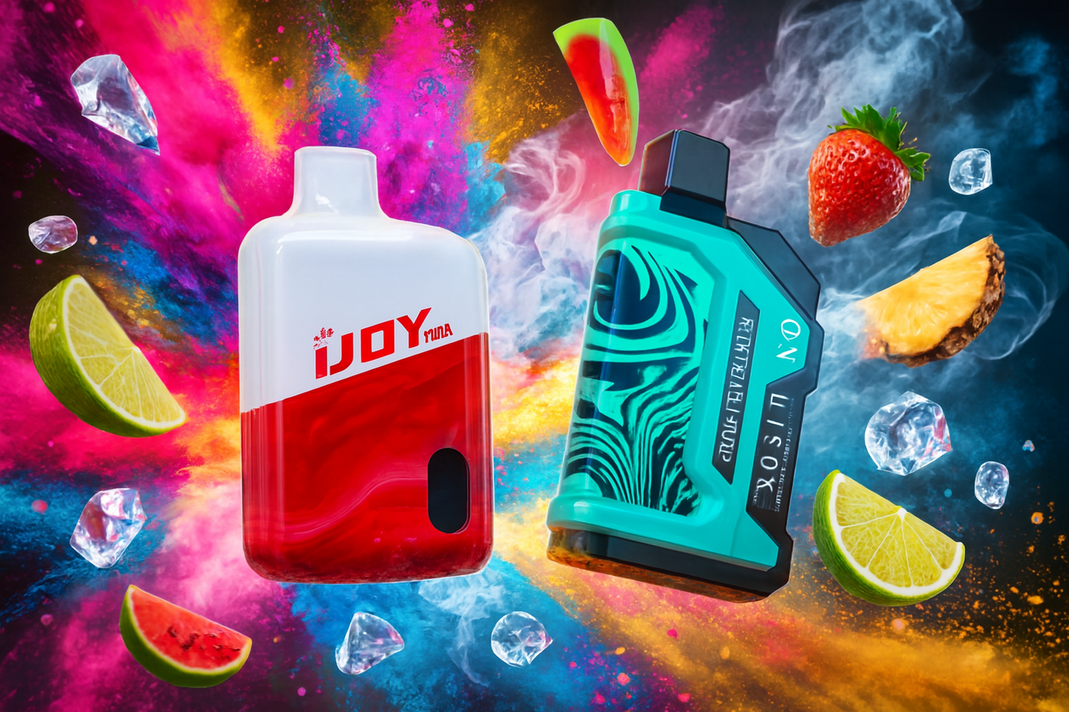 The image showcases two vibrant vape devices set against a dynamic, multicolored background filled with swirling smoke and splashes of color. The left device, labeled 