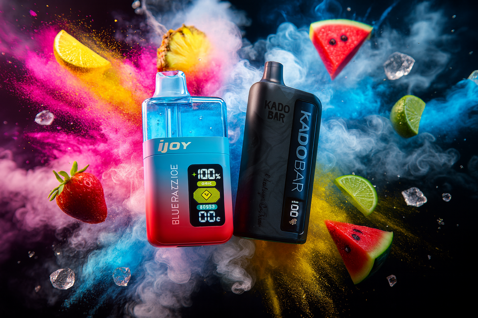 The image features two vibrant vape devices set against a dynamic backdrop of swirling pink, blue, and white smoke. The left device, labeled 