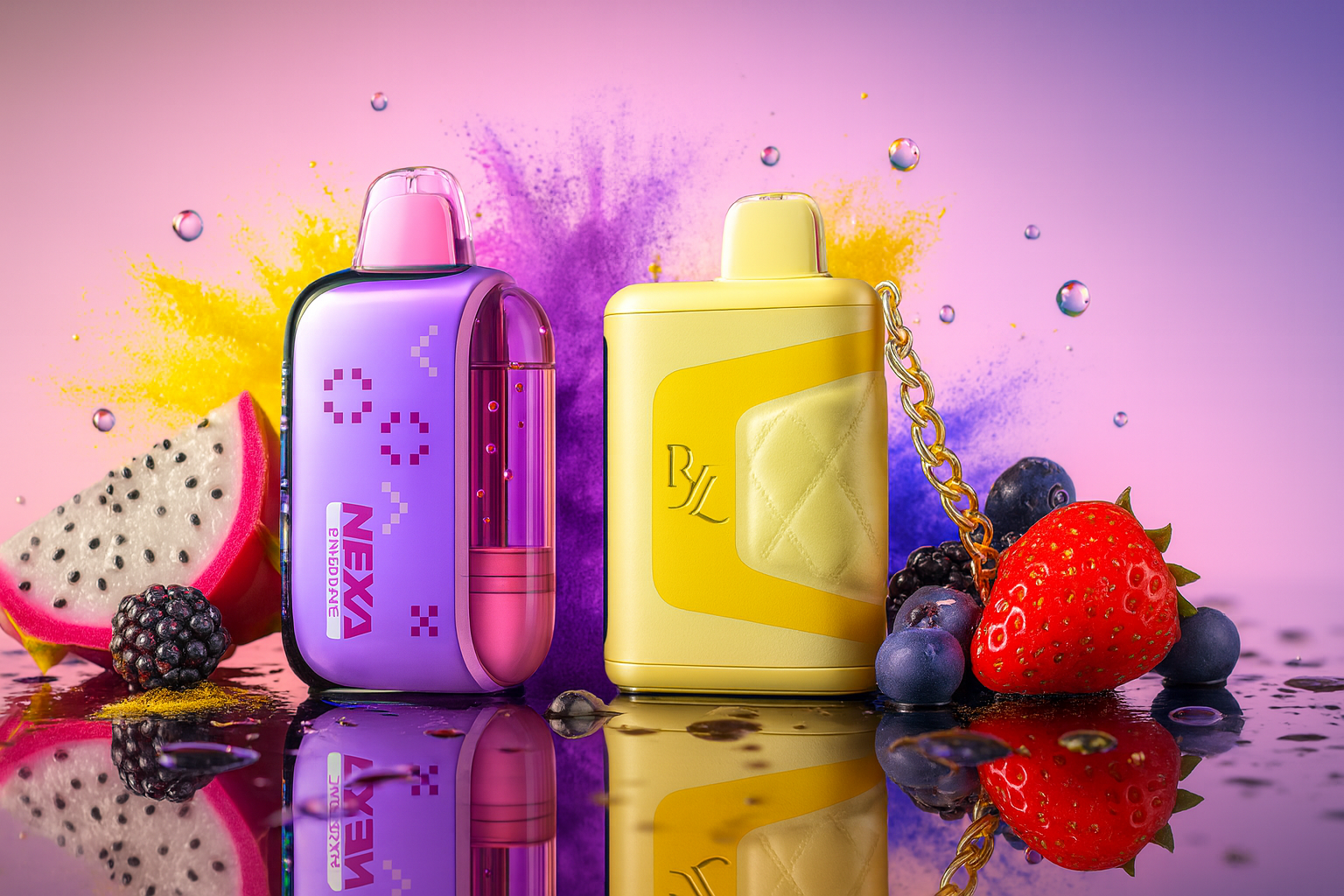 The image displays two eye-catching vape devices resting on a reflective surface, surrounded by a vibrant mix of fruits like dragon fruit, blackberry, blueberry, strawberry, and raspberry. The left device, branded 