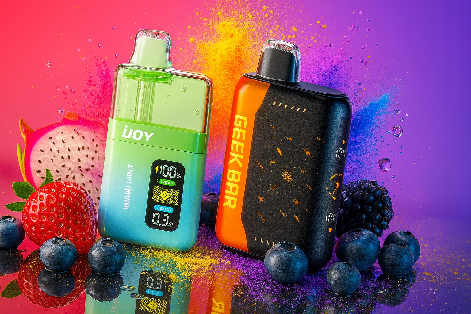 The image features two vibrant vape devices placed among fresh fruits against a dynamic background of pink, purple, and blue powder bursts. The left device, labeled 