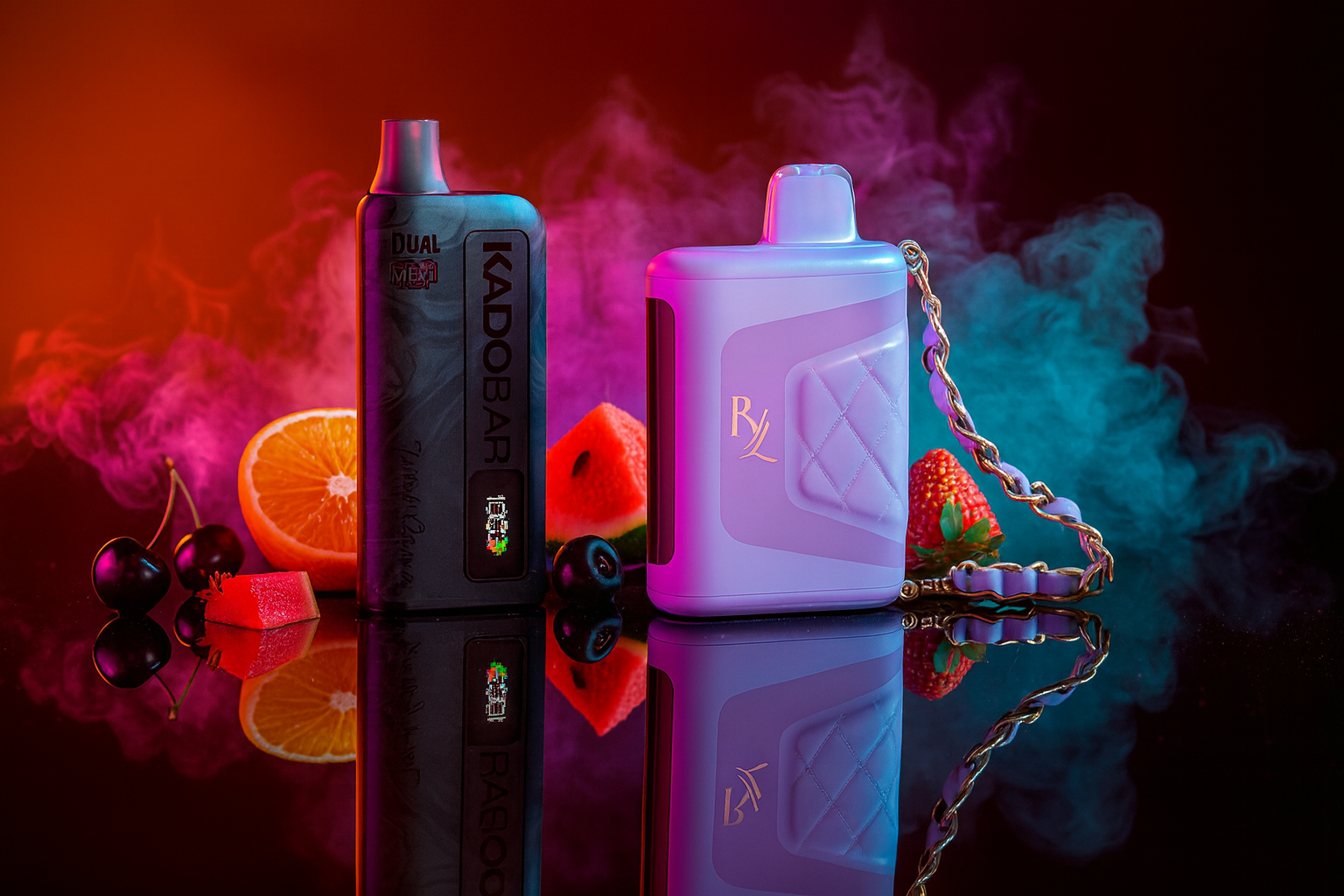 The image showcases two vibrant vape devices placed on a reflective surface, surrounded by a burst of colorful smoke and fresh fruit. On the left, the sleek black 