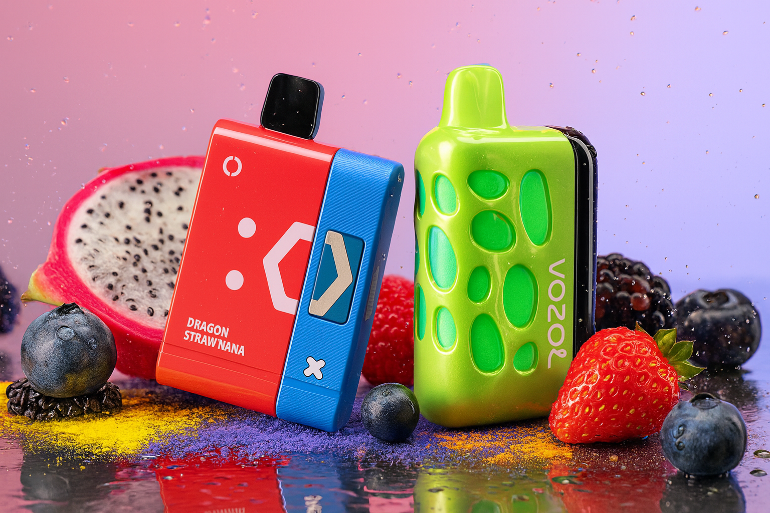 The image features two vibrant vape devices displayed on a reflective surface, surrounded by fresh fruits and bursts of colorful powder. On the left, the red and blue device labeled 