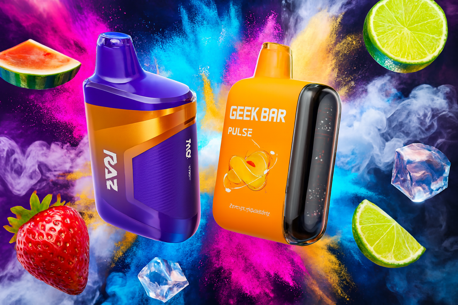 The image features two bold vape devices set against a vibrant explosion of multicolored powder clouds. On the left, the purple and orange 