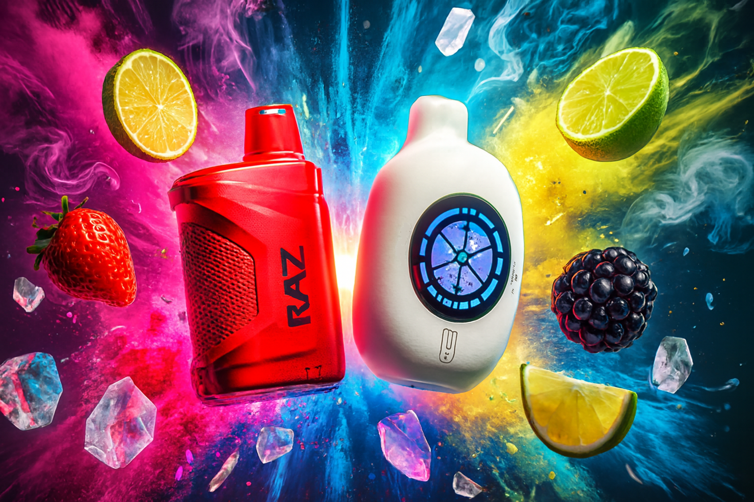 The image presents two vibrant vape devices suspended in a burst of colorful powder, vapor, and fruit. The left device is red and labeled 