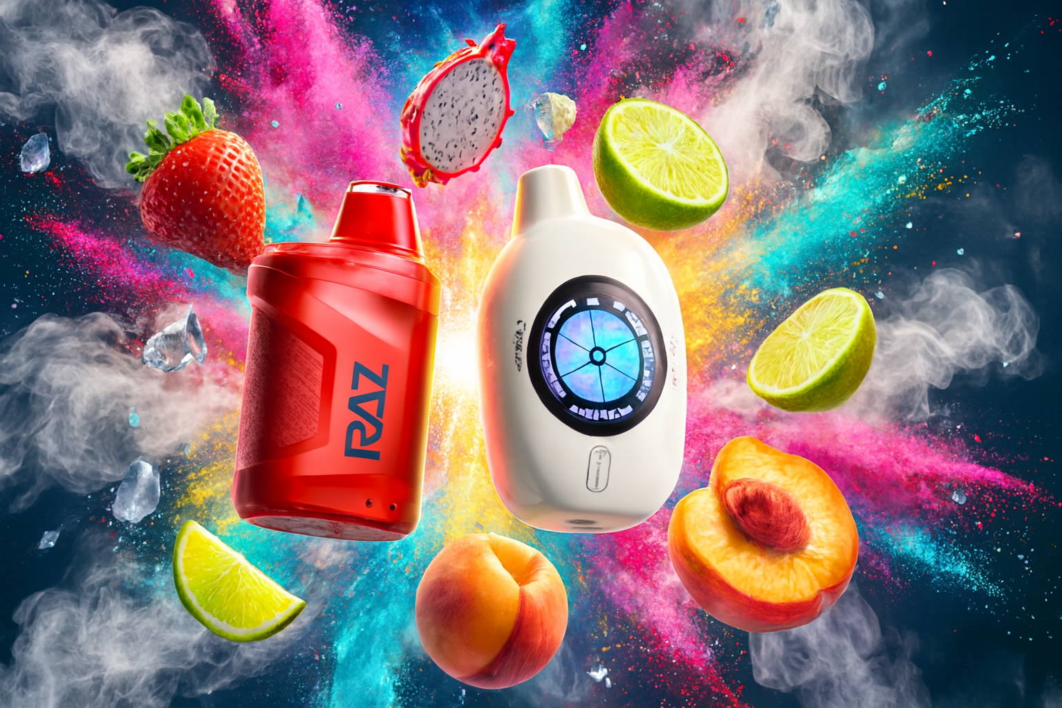 The image features two vape devices surrounded by a vibrant explosion of colorful powder, smoke, and fresh fruits. The left device is bold red and labeled 