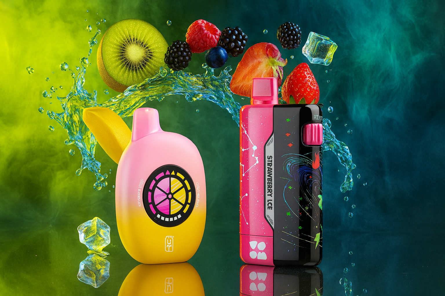 The image presents two vibrant vape devices standing upright against a dynamic green-blue smoky background. The left device features a playful pink and yellow design with a circular citrus-slice motif, while the right device is sleek and black with pink and green accents, labeled vertically as 