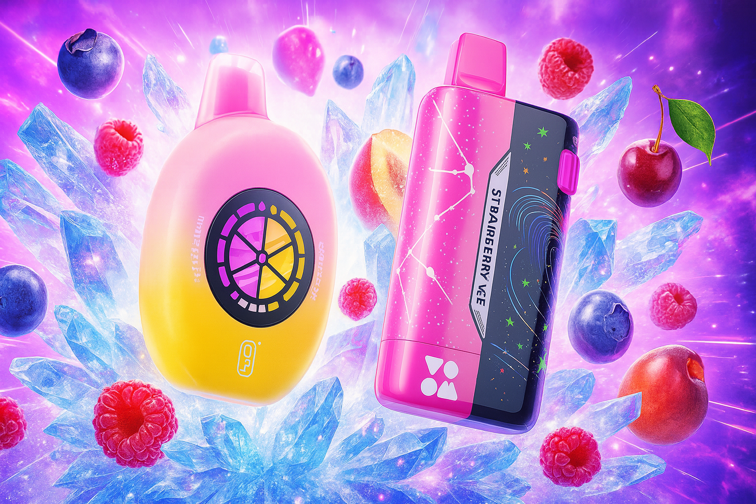 The image showcases two vibrant vape devices floating in a glowing, space-like environment filled with crystalline structures and fresh fruits. The left device features a smooth oval shape with a gradient from pink to yellow and a citrus-slice design at its center, evoking a zesty, refreshing vibe. The right device is rectangular with a pink and purple color scheme, adorned with cosmic and geometric patterns and labeled 